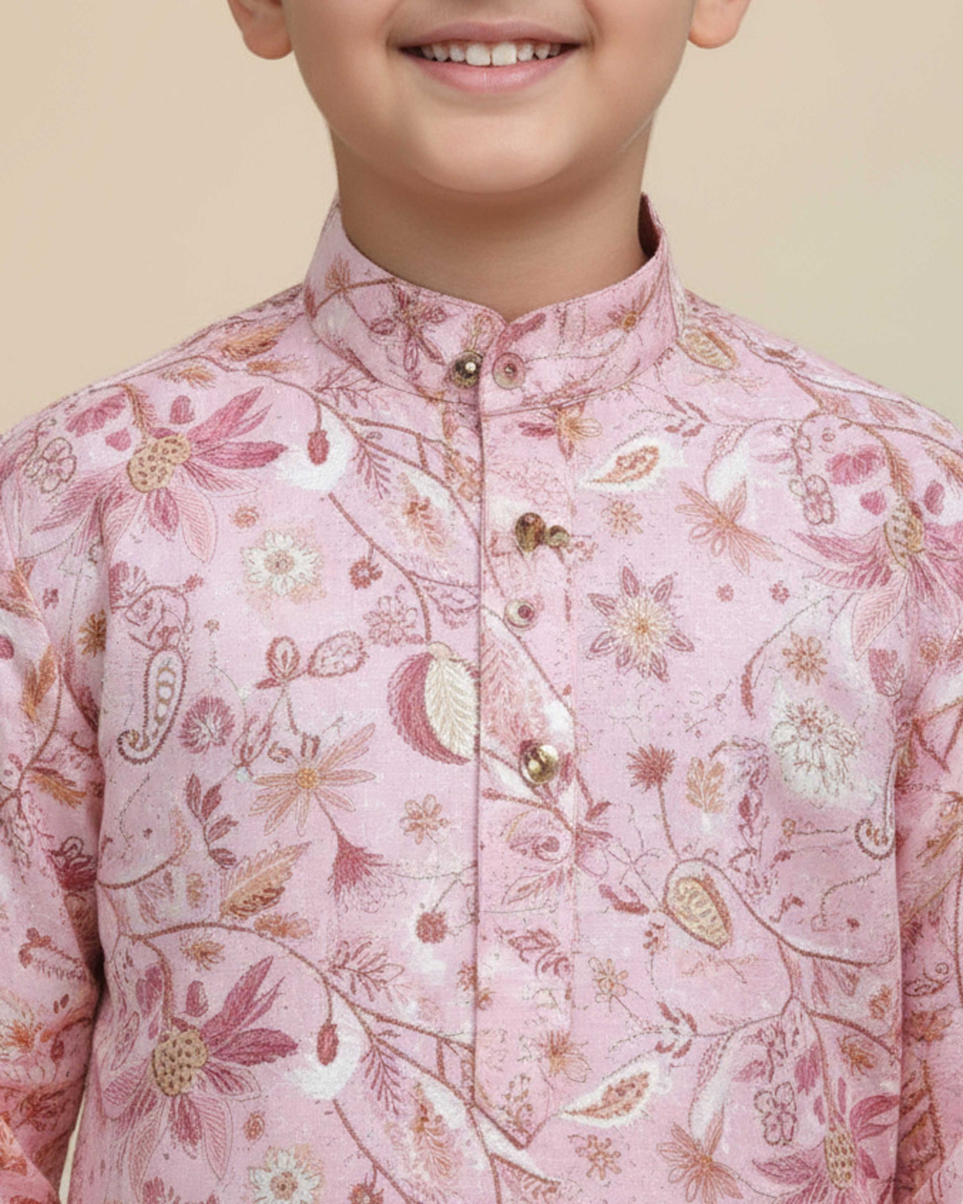 Boys Floral Printed Festive Kurta Set with Mandarin Collar -Pink-Close