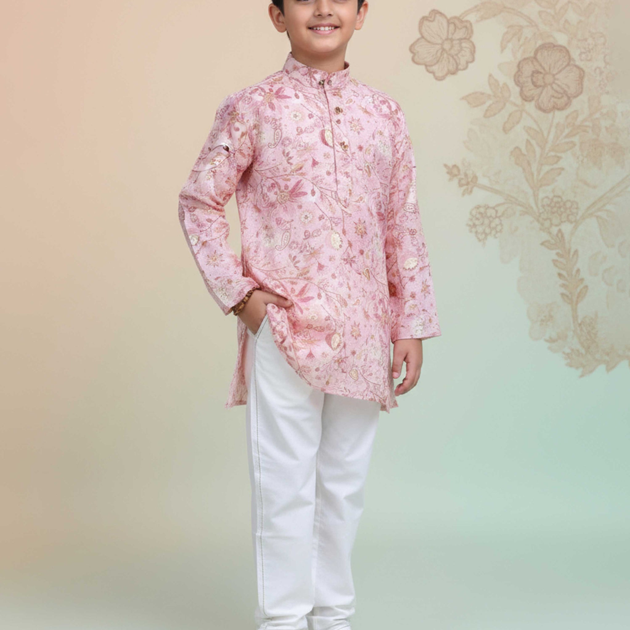 Boys Floral Printed Festive Kurta Set with Mandarin Collar -Pink-main
