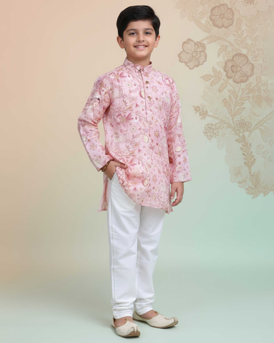 Boys Floral Printed Festive Kurta Set with Mandarin Collar -Pink-main