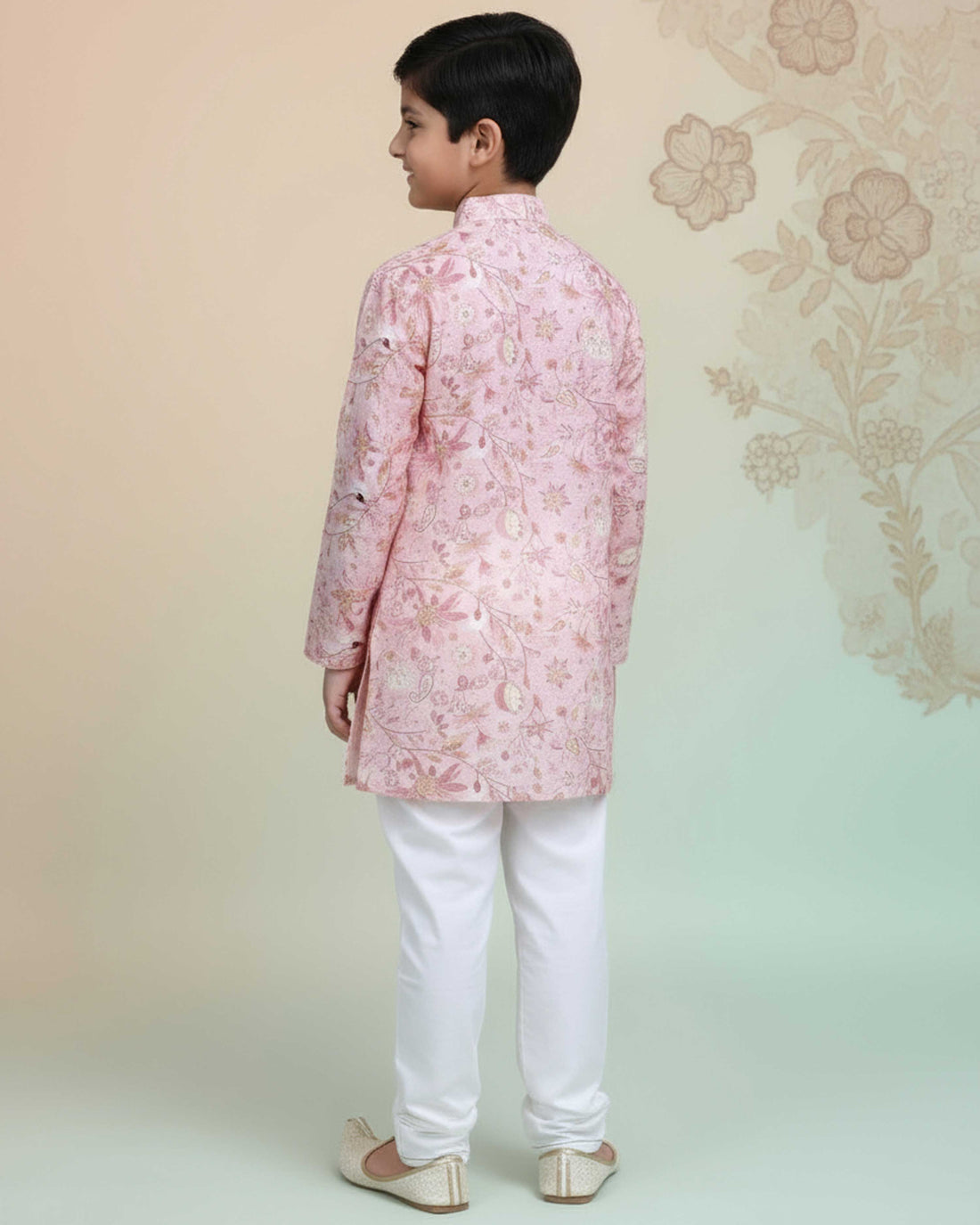 Boys Floral Printed Festive Kurta Set with Mandarin Collar -Pink-main