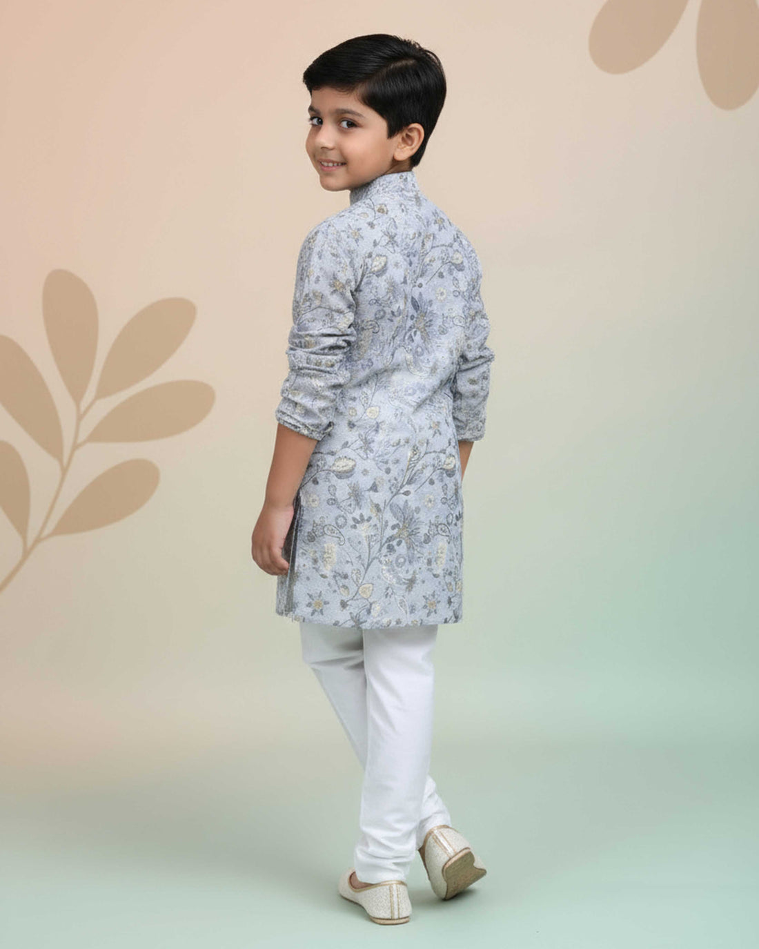 Boys Floral Printed Festive Kurta Set with Mandarin Collar - Grey