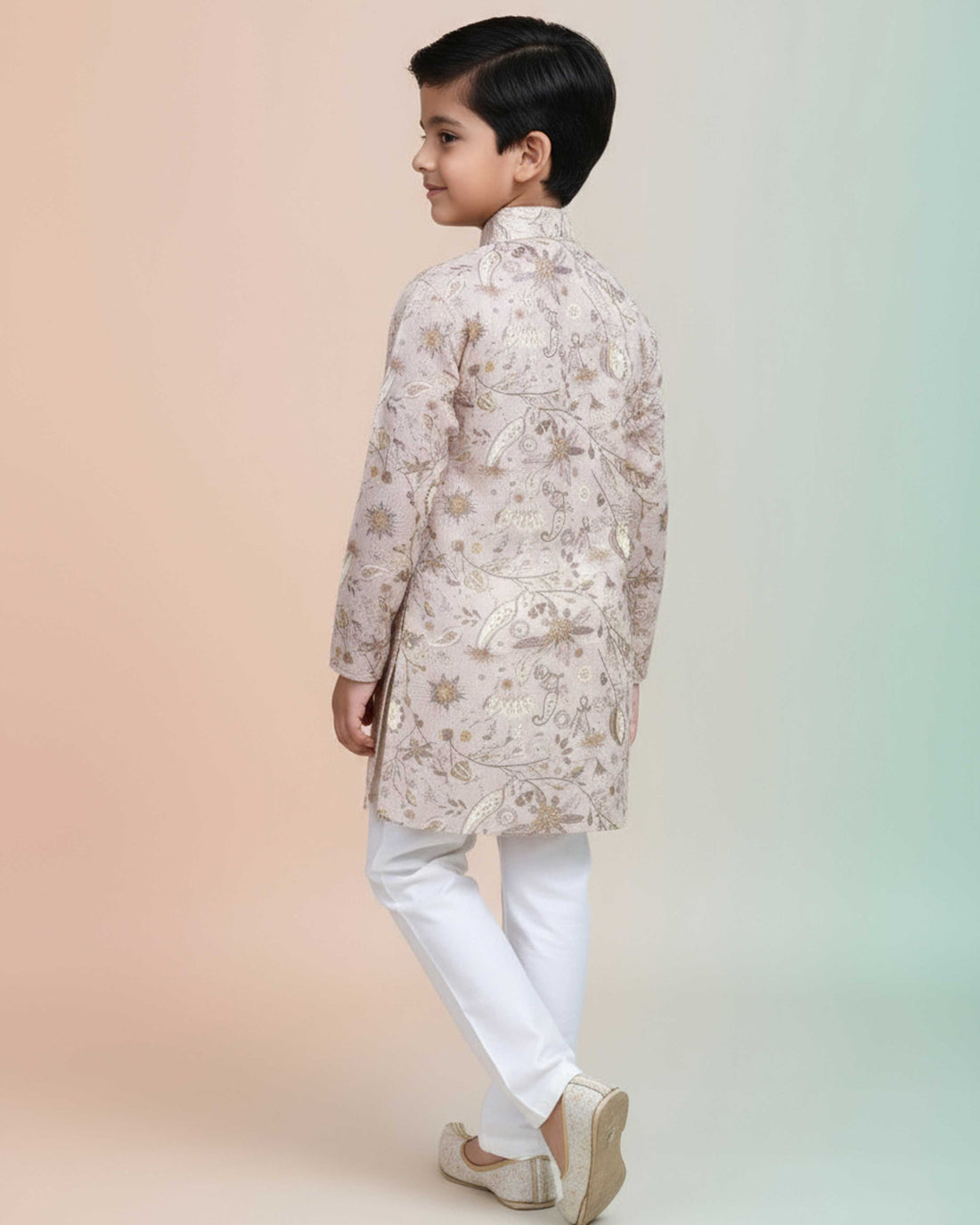 Boys Floral Printed Festive Kurta Set with Mandarin Collar - Brown