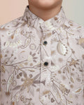 Boys Floral Printed Festive Kurta Set with Mandarin Collar - Brown-Close