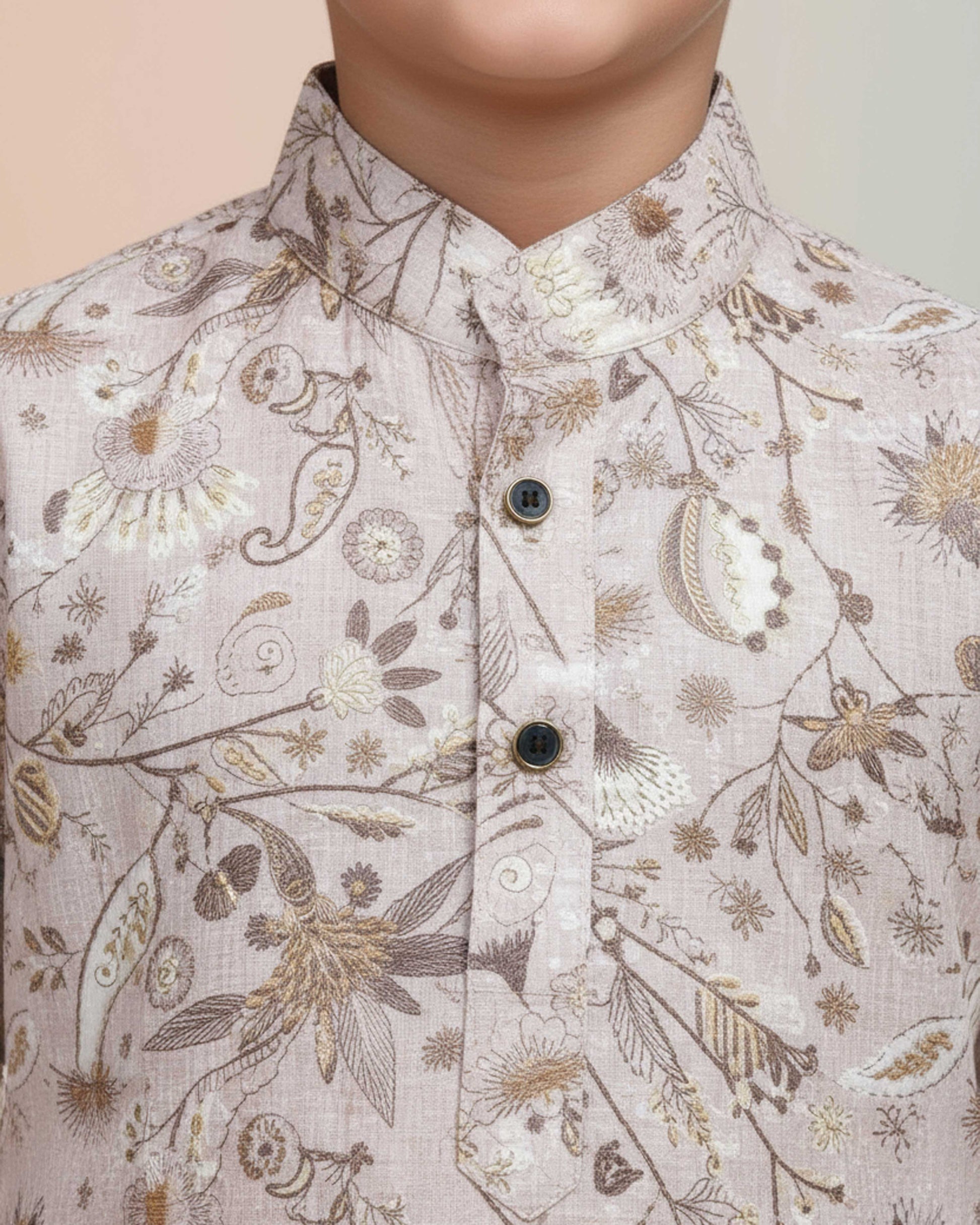 Boys Floral Printed Festive Kurta Set with Mandarin Collar - Brown-Close