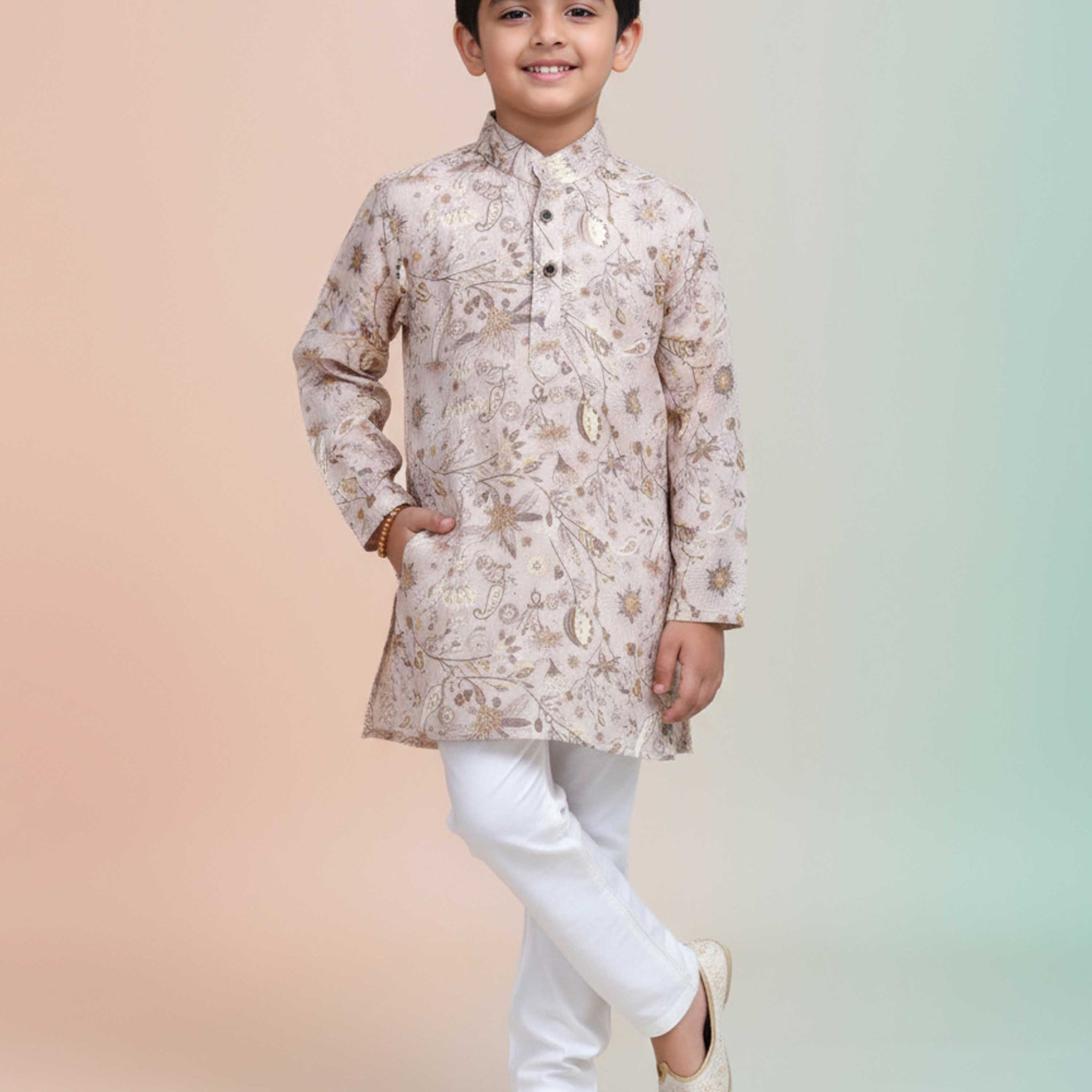 Boys Floral Printed Festive Kurta Set with Mandarin Collar - Brown