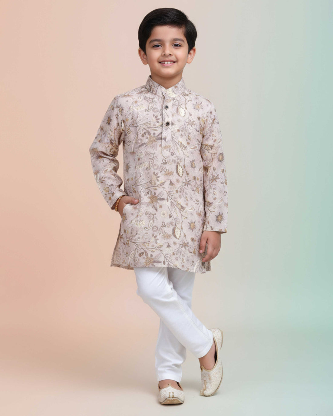 Boys Floral Printed Festive Kurta Set with Mandarin Collar - Brown