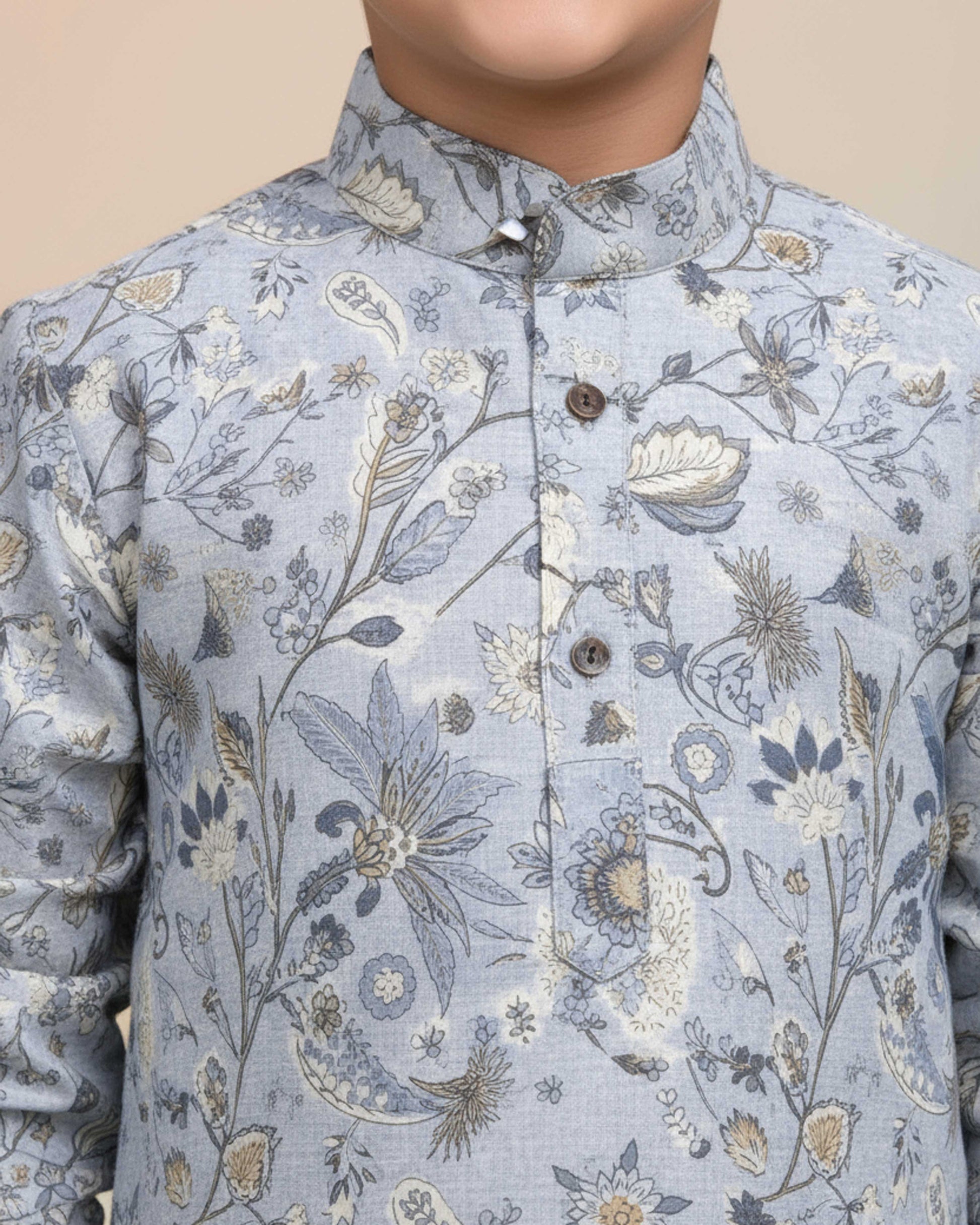 Boys Floral Printed Festive Kurta Set with Mandarin Collar - Close