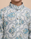 Boys Floral Printed Festive Kurta Set with Mandarin Collar - Cream-Close