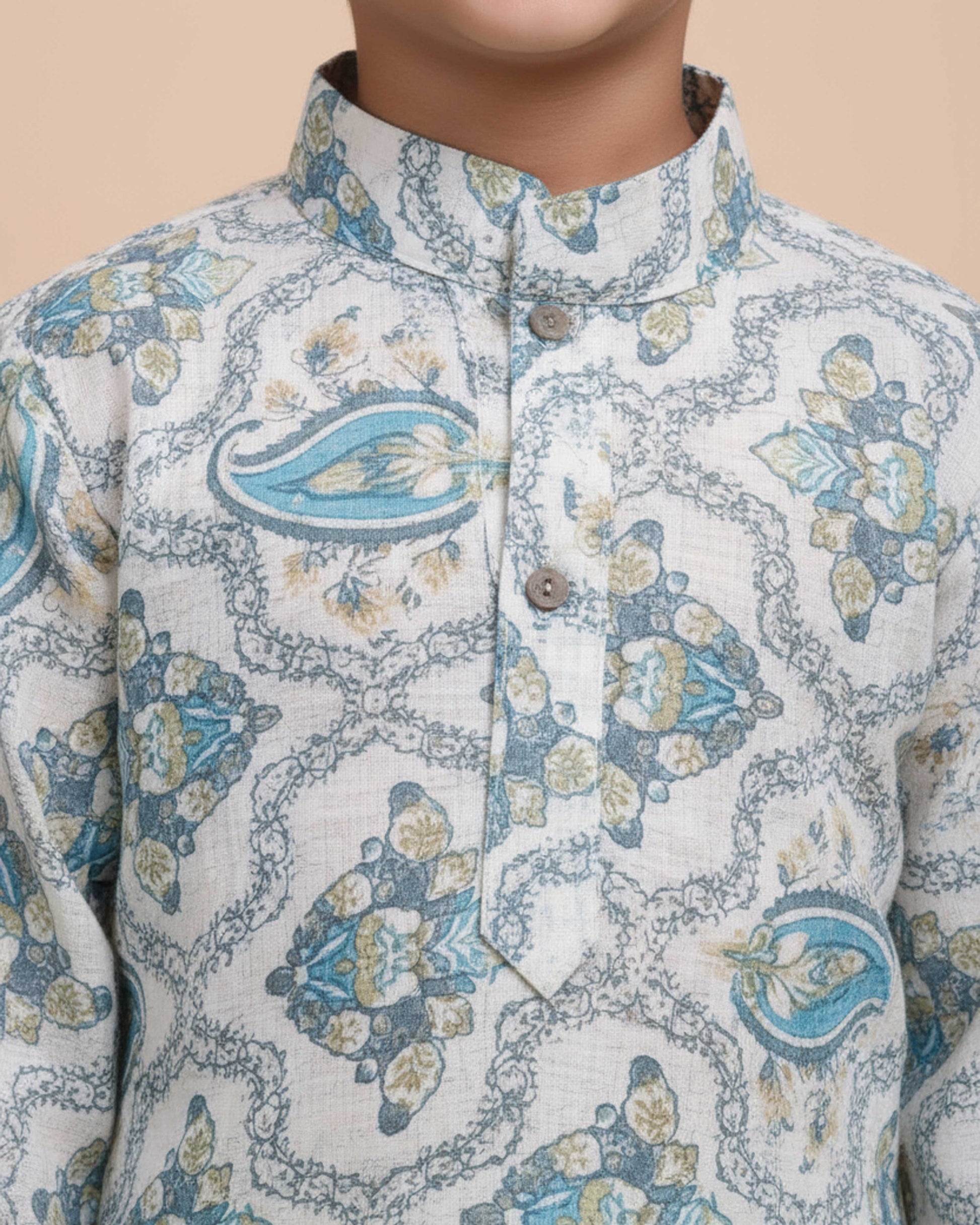 Boys Floral Printed Festive Kurta Set with Mandarin Collar - Cream-Close