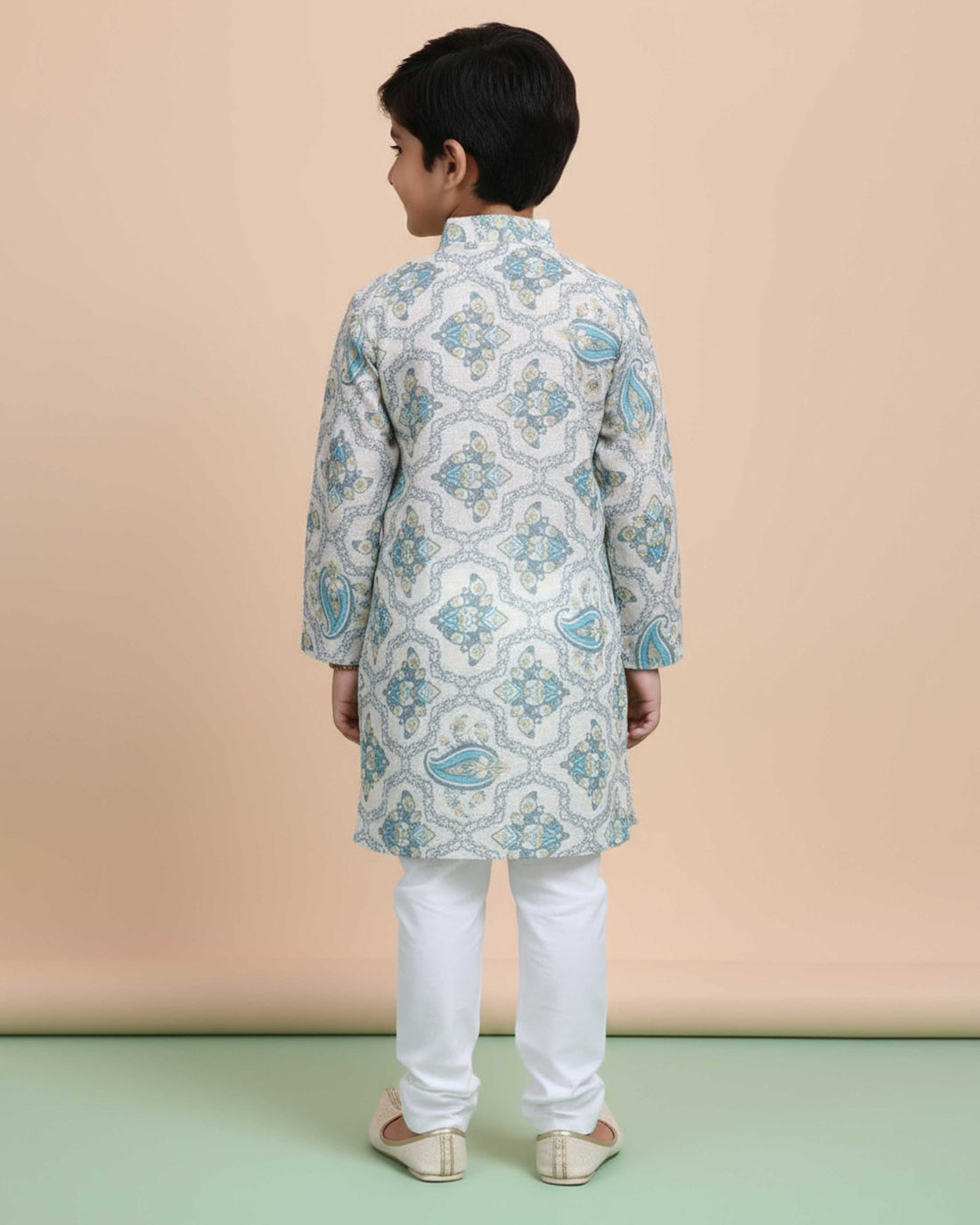 Boys Floral Printed Festive Kurta Set with Mandarin Collar - Cream