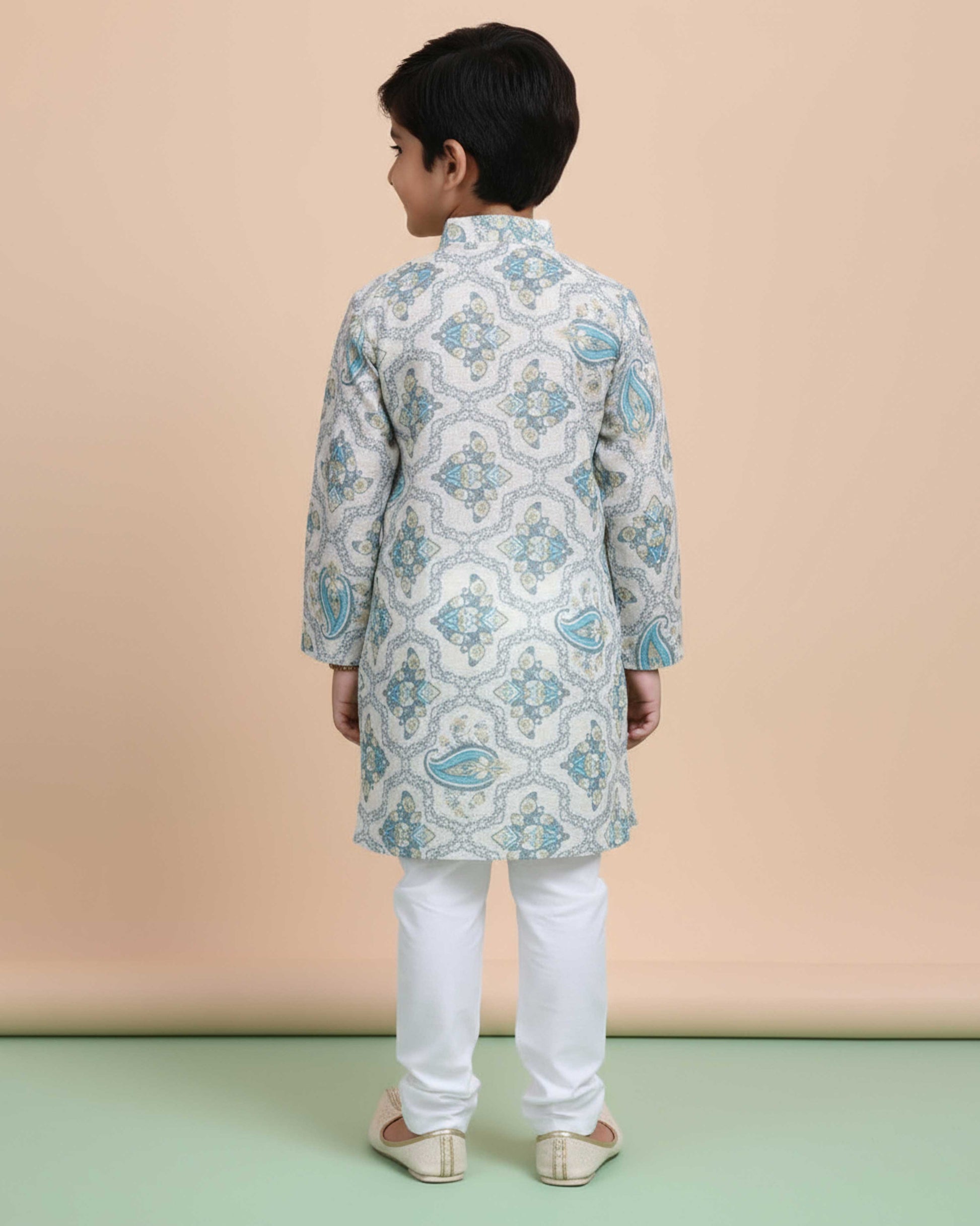Boys Floral Printed Festive Kurta Set with Mandarin Collar - Cream-back