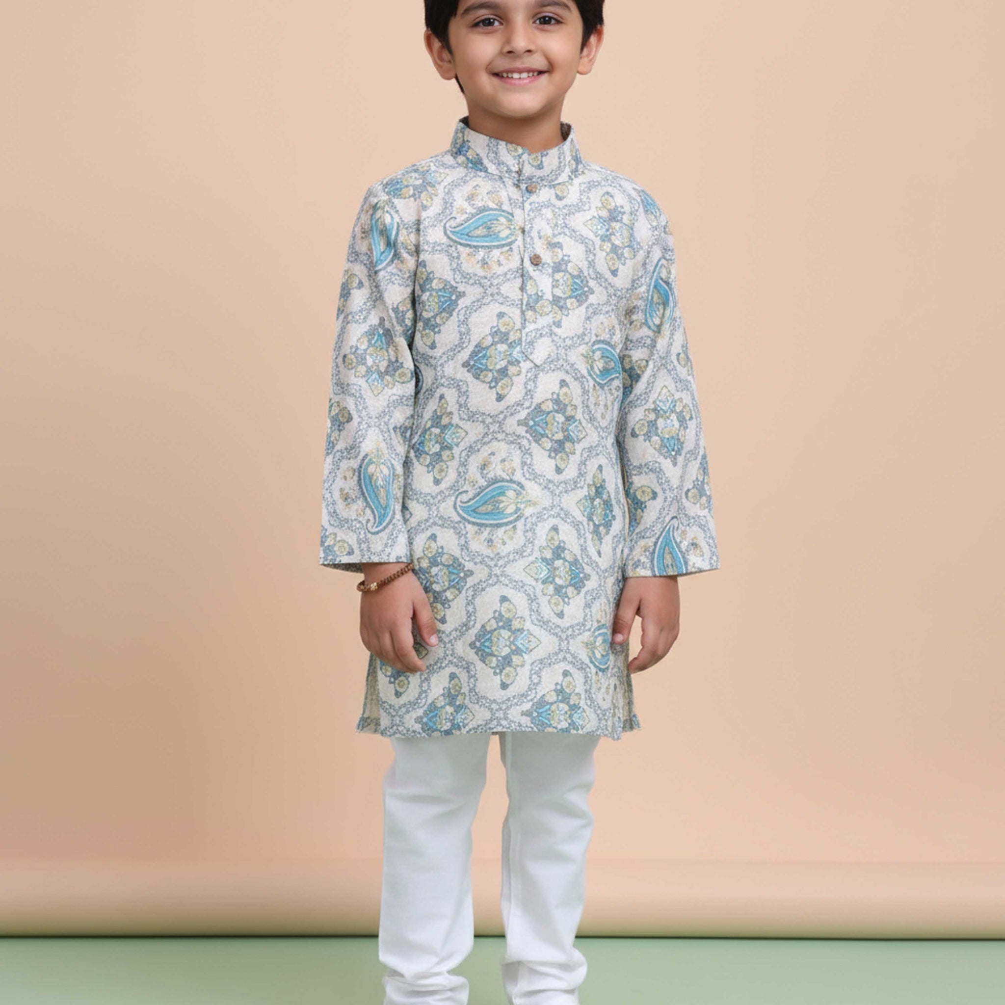 Boys Floral Printed Festive Kurta Set with Mandarin Collar - Cream
