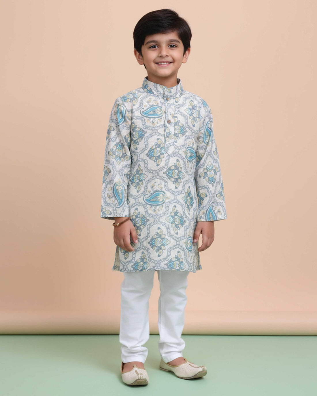 Boys Floral Printed Festive Kurta Set with Mandarin Collar - Cream