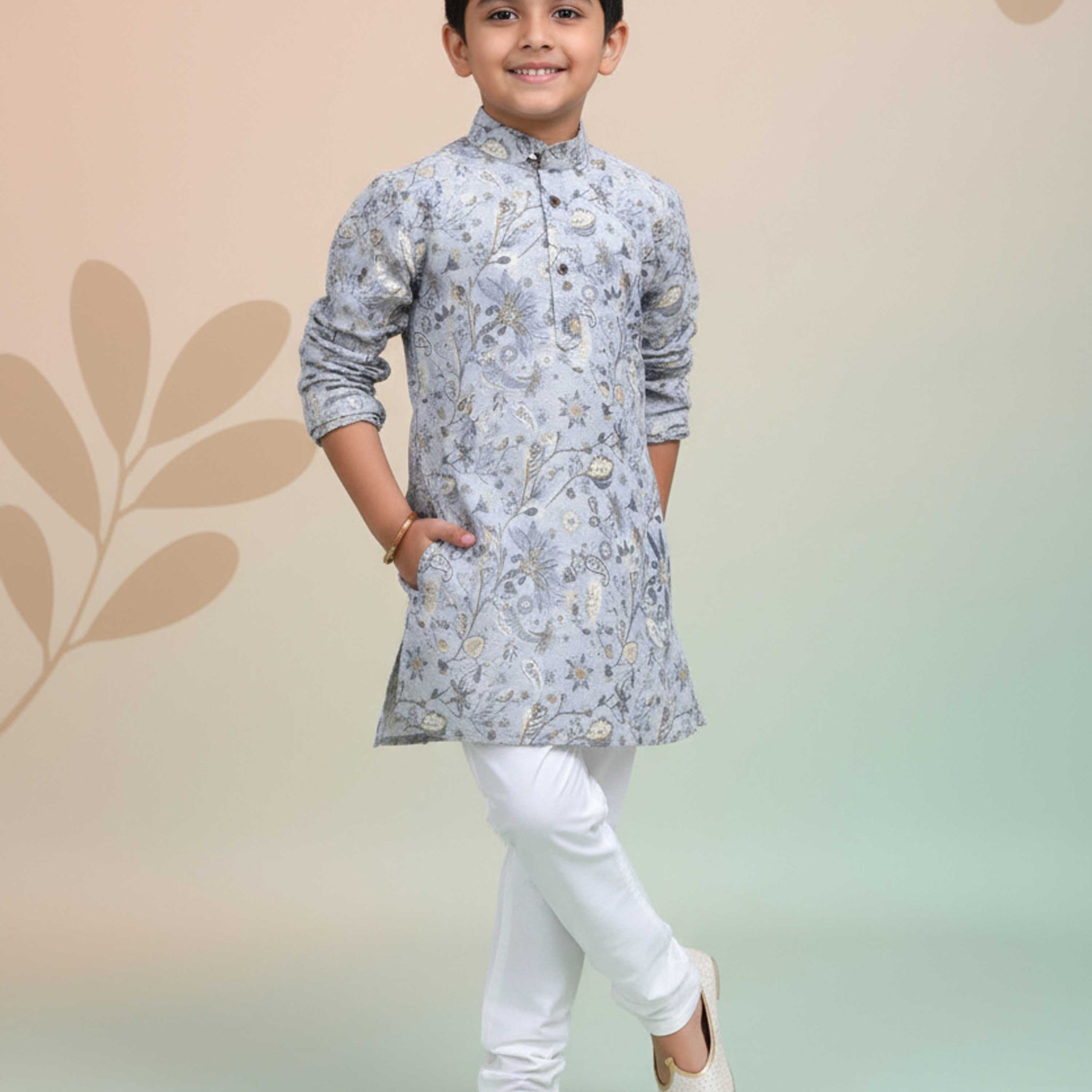 Boys Floral Printed Festive Kurta Set with Mandarin Collar - Grey