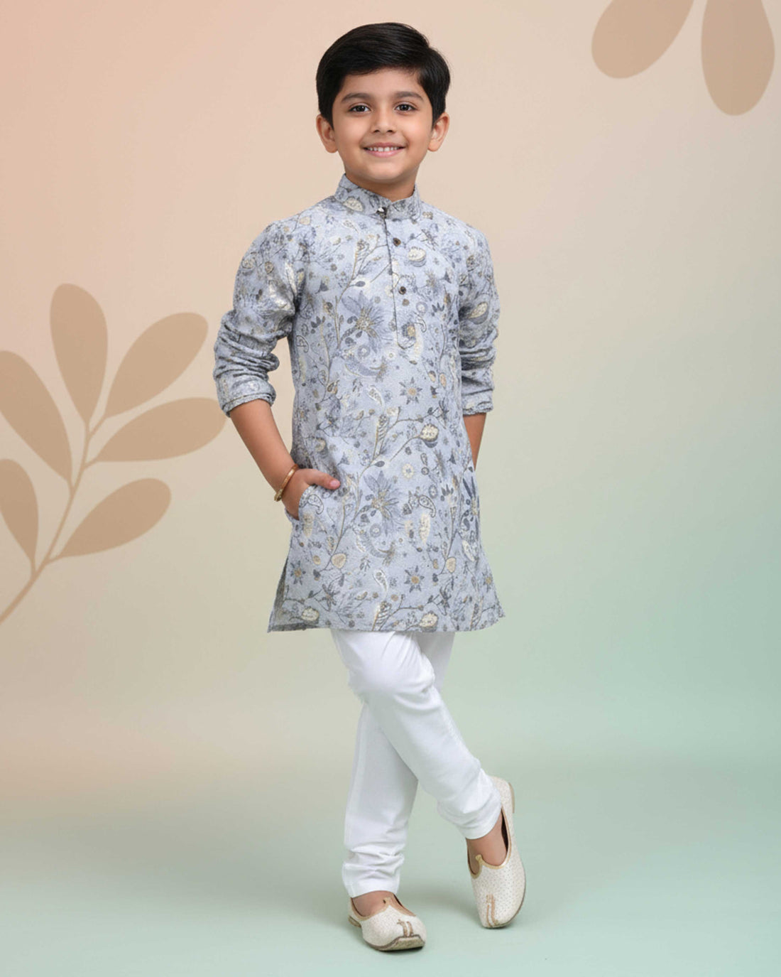 Boys Floral Printed Festive Kurta Set with Mandarin Collar - Grey