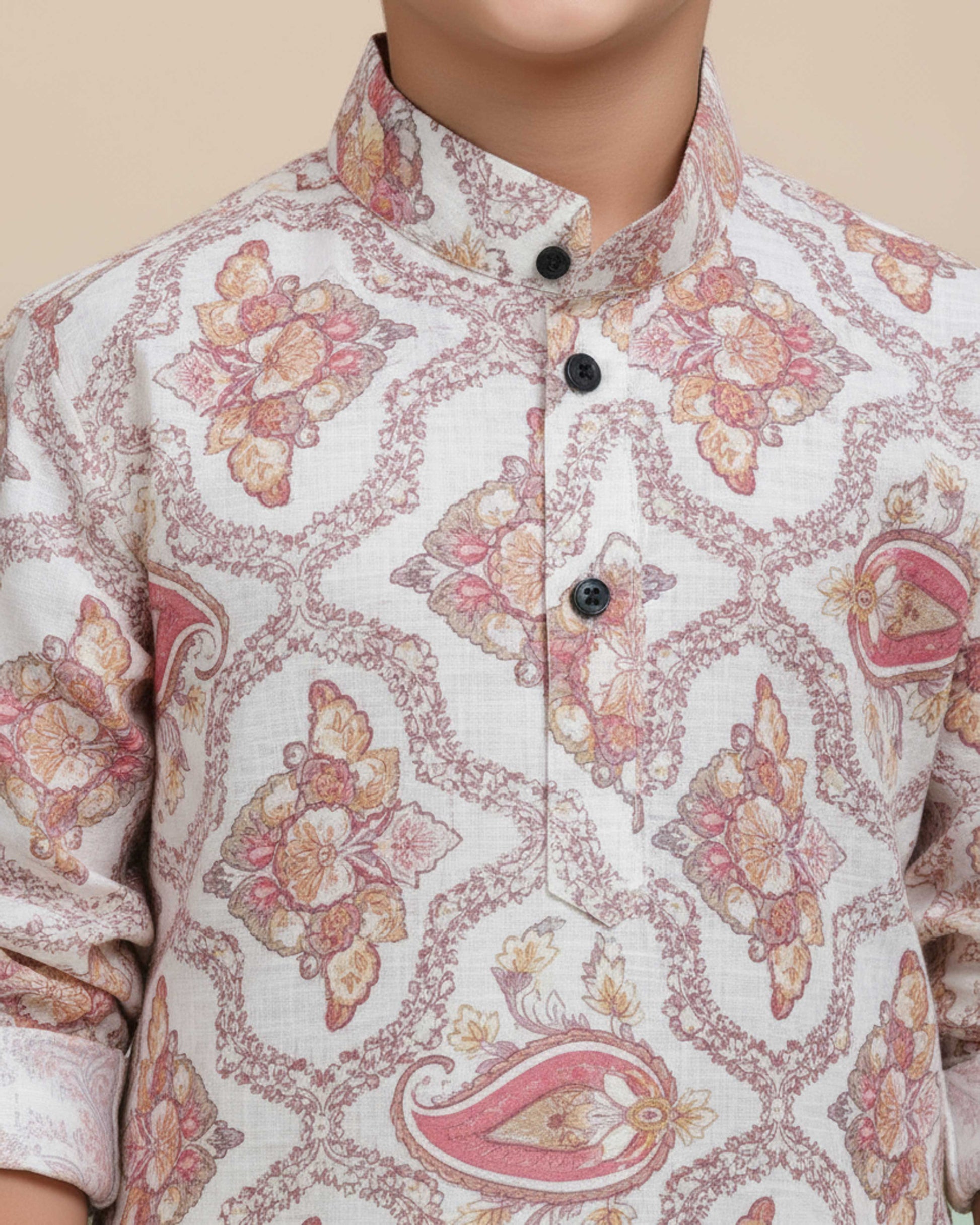Boys Floral Printed Festive Kurta Set with Mandarin Collar - Sandal-Close