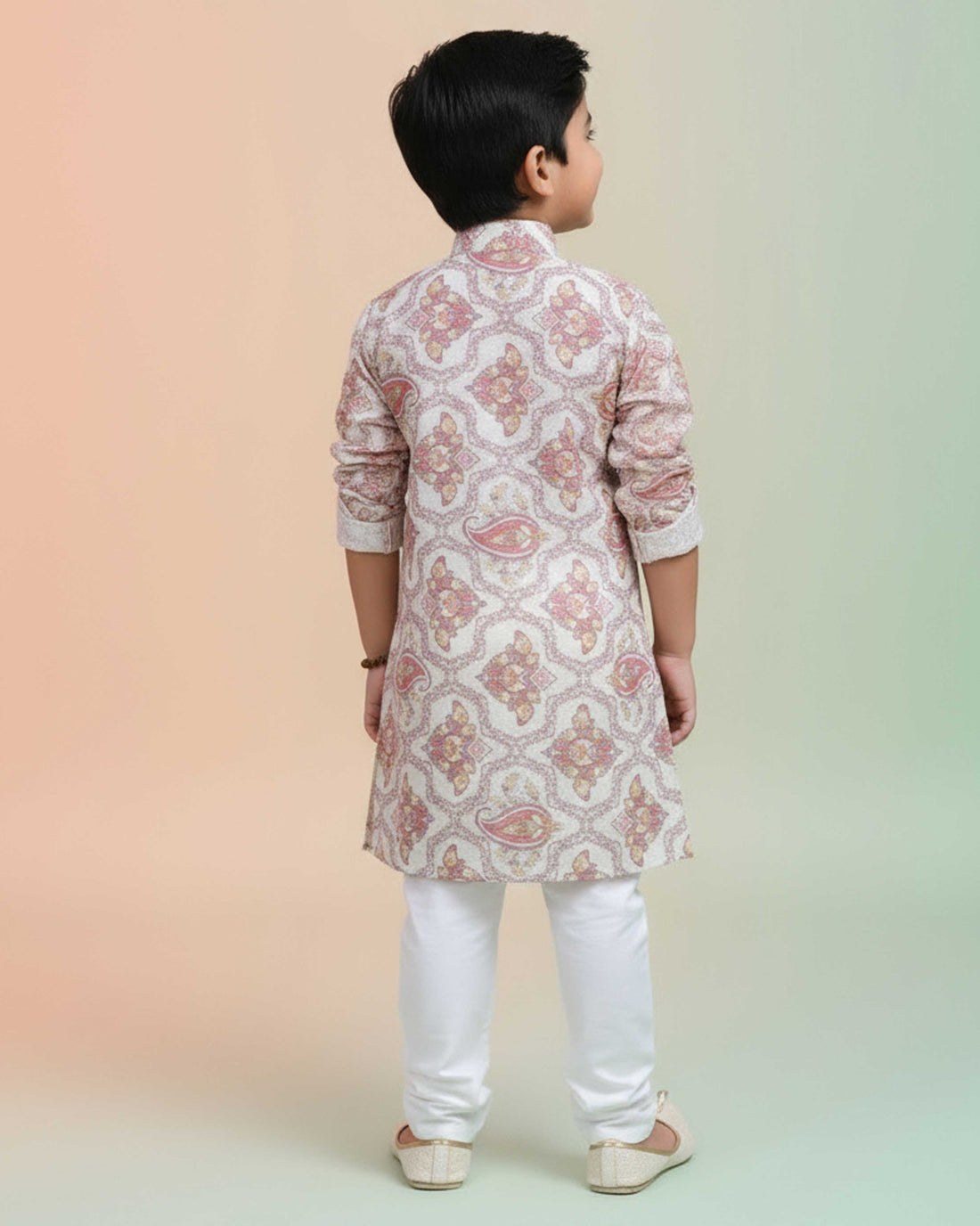 Boys Floral Printed Festive Kurta Set with Mandarin Collar - Sandal