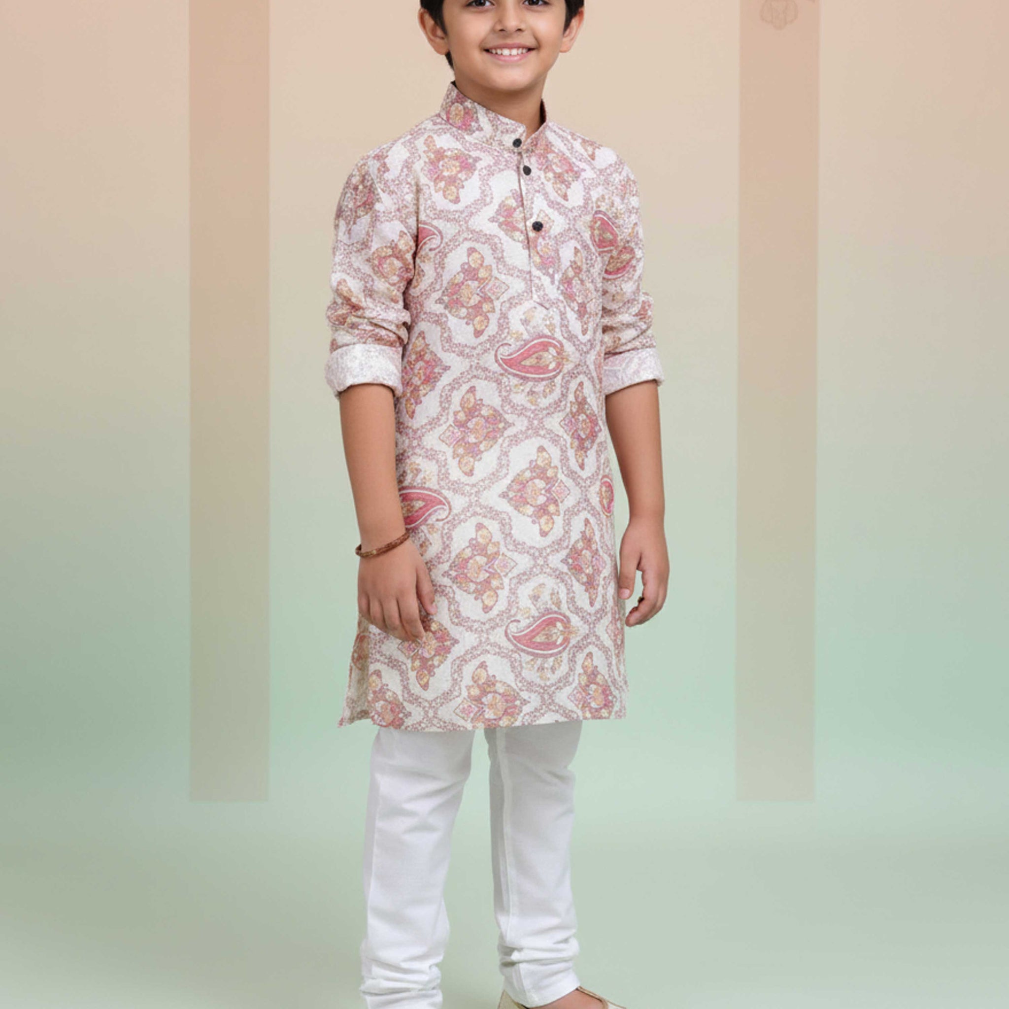 Boys Floral Printed Festive Kurta Set with Mandarin Collar - Sandal