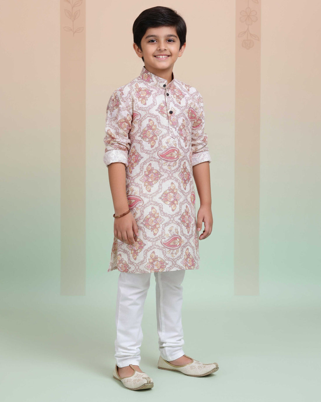 Boys Floral Printed Festive Kurta Set with Mandarin Collar - Sandal