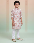 Boys Floral Printed Festive Kurta Set with Mandarin Collar - Sandal
