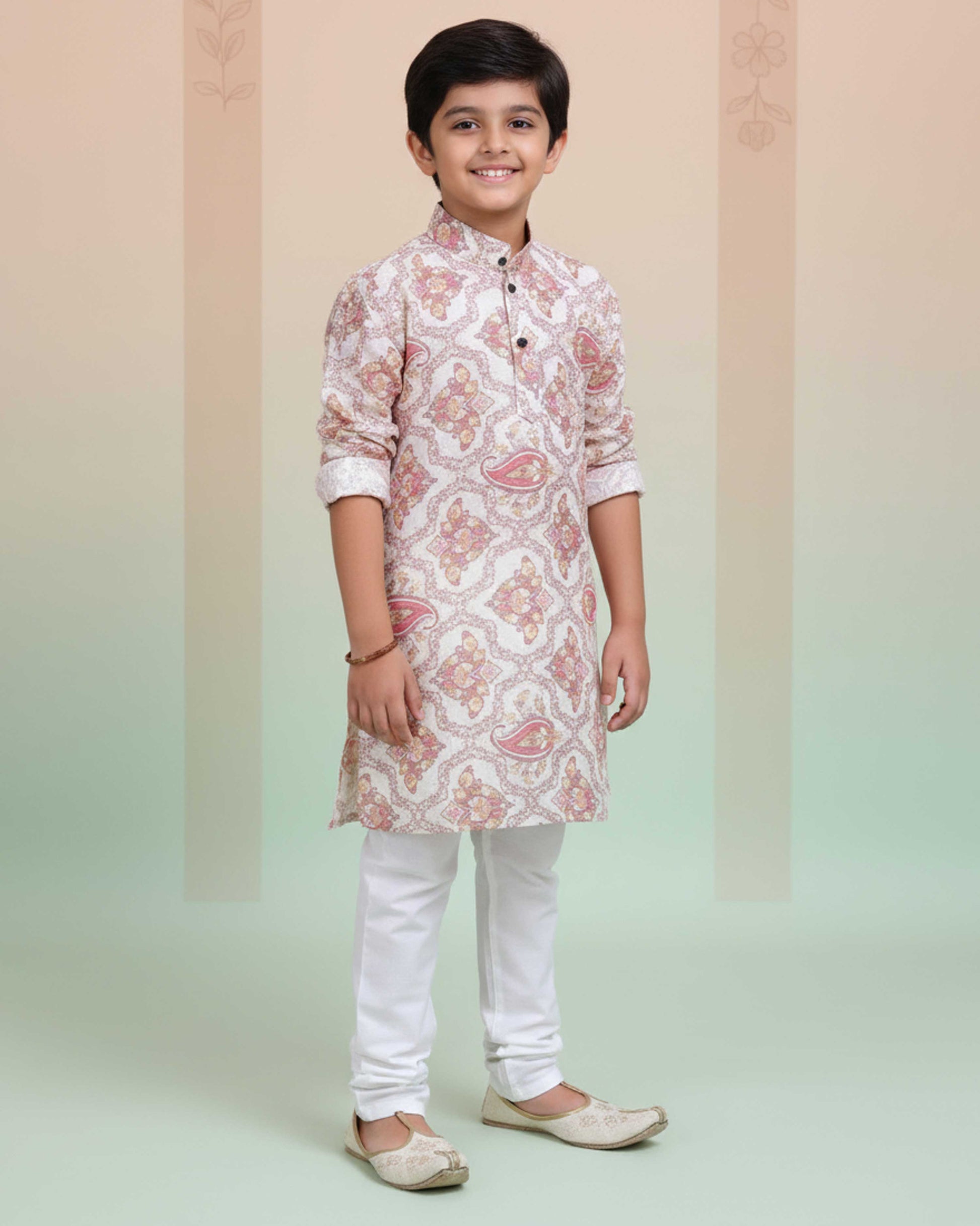 Boys Floral Printed Festive Kurta Set with Mandarin Collar - Sandal