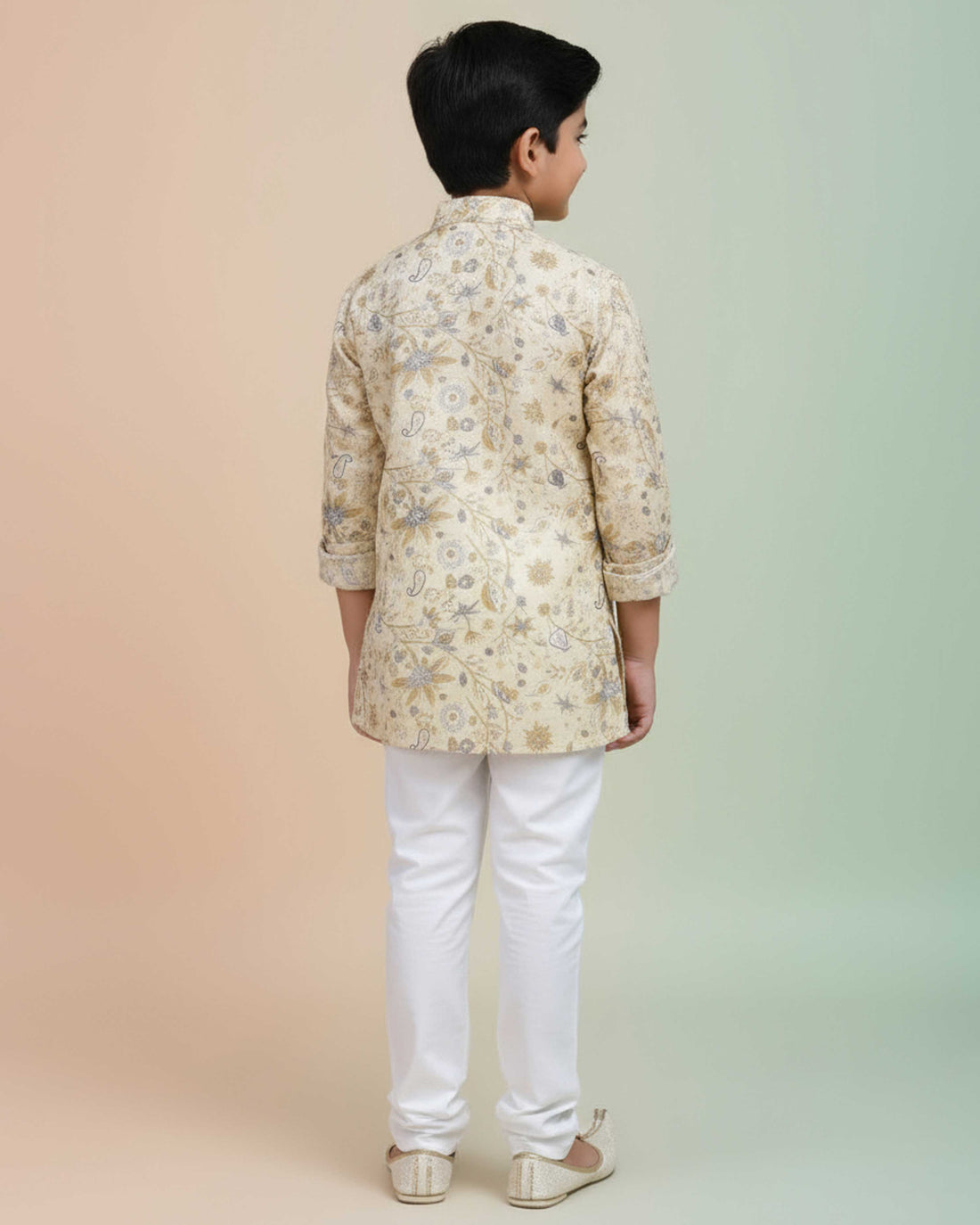 Boys Floral Printed Festive Kurta Set with Mandarin Collar - Yellow-Main