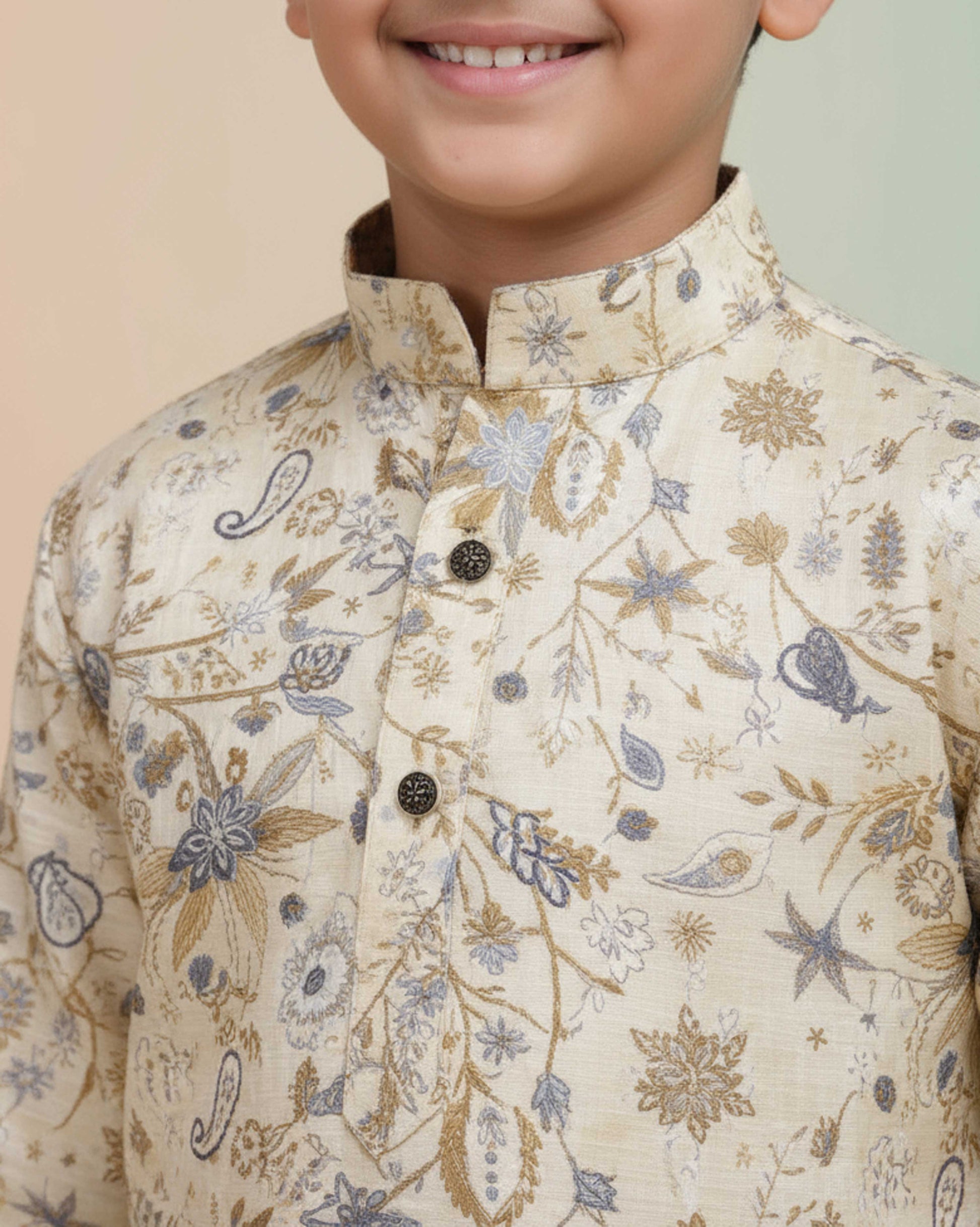 Boys Floral Printed Festive Kurta Set with Mandarin Collar - Yellow-Main-Close