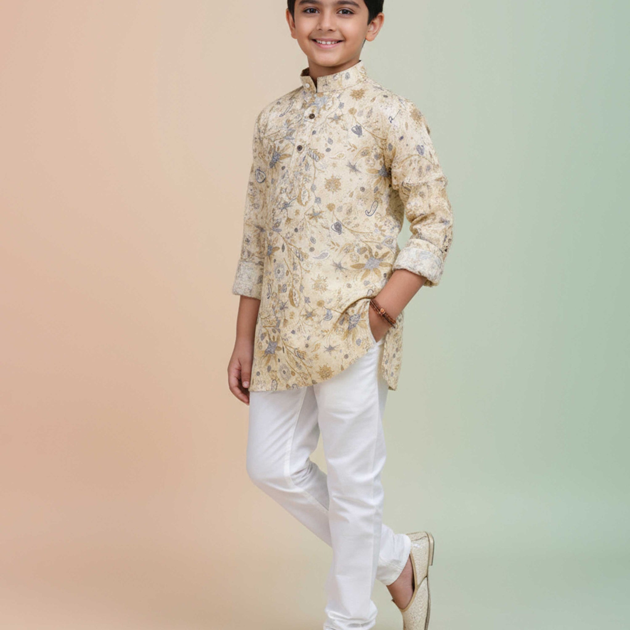 Boys Floral Printed Festive Kurta Set with Mandarin Collar - Yellow-Main