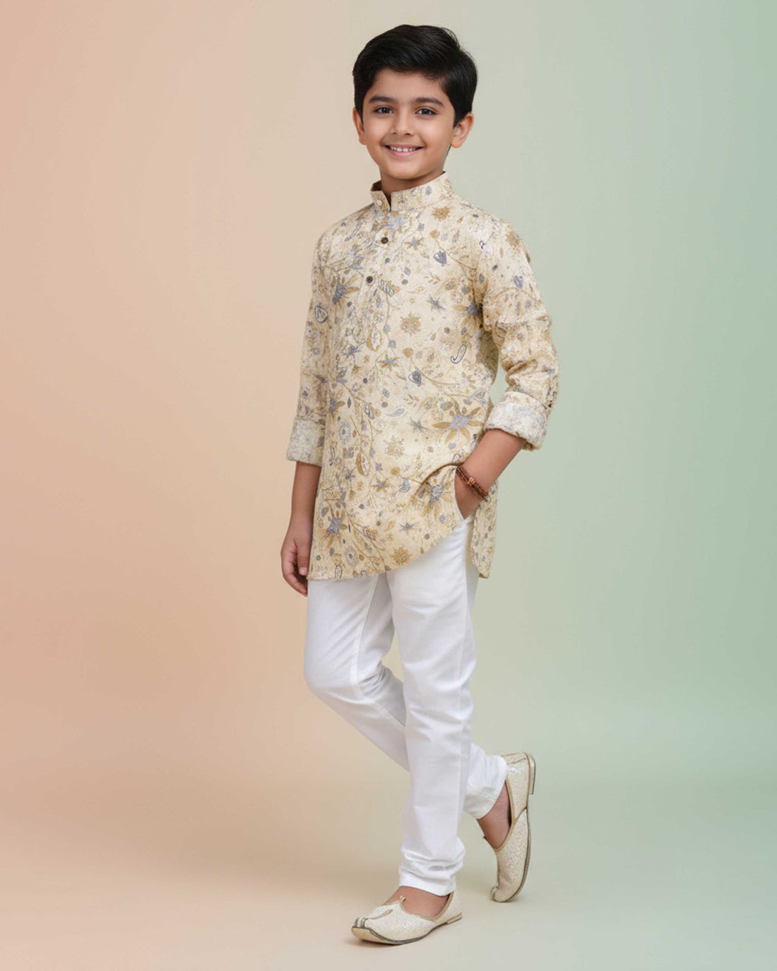 Boys Floral Printed Festive Kurta Set with Mandarin Collar - Yellow-Main