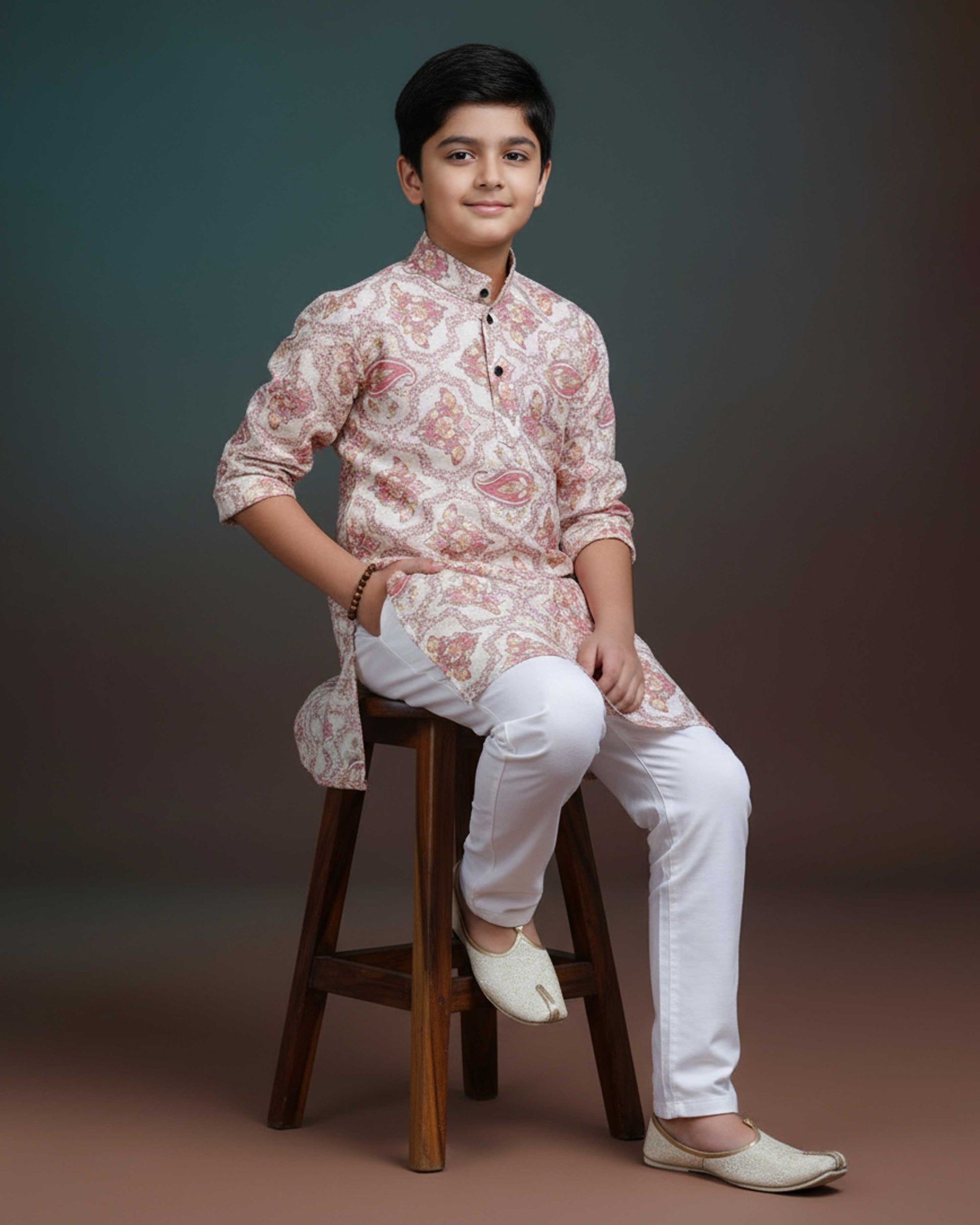 Boys Floral Printed Festive Kurta Set with Mandarin Collar - Brown
