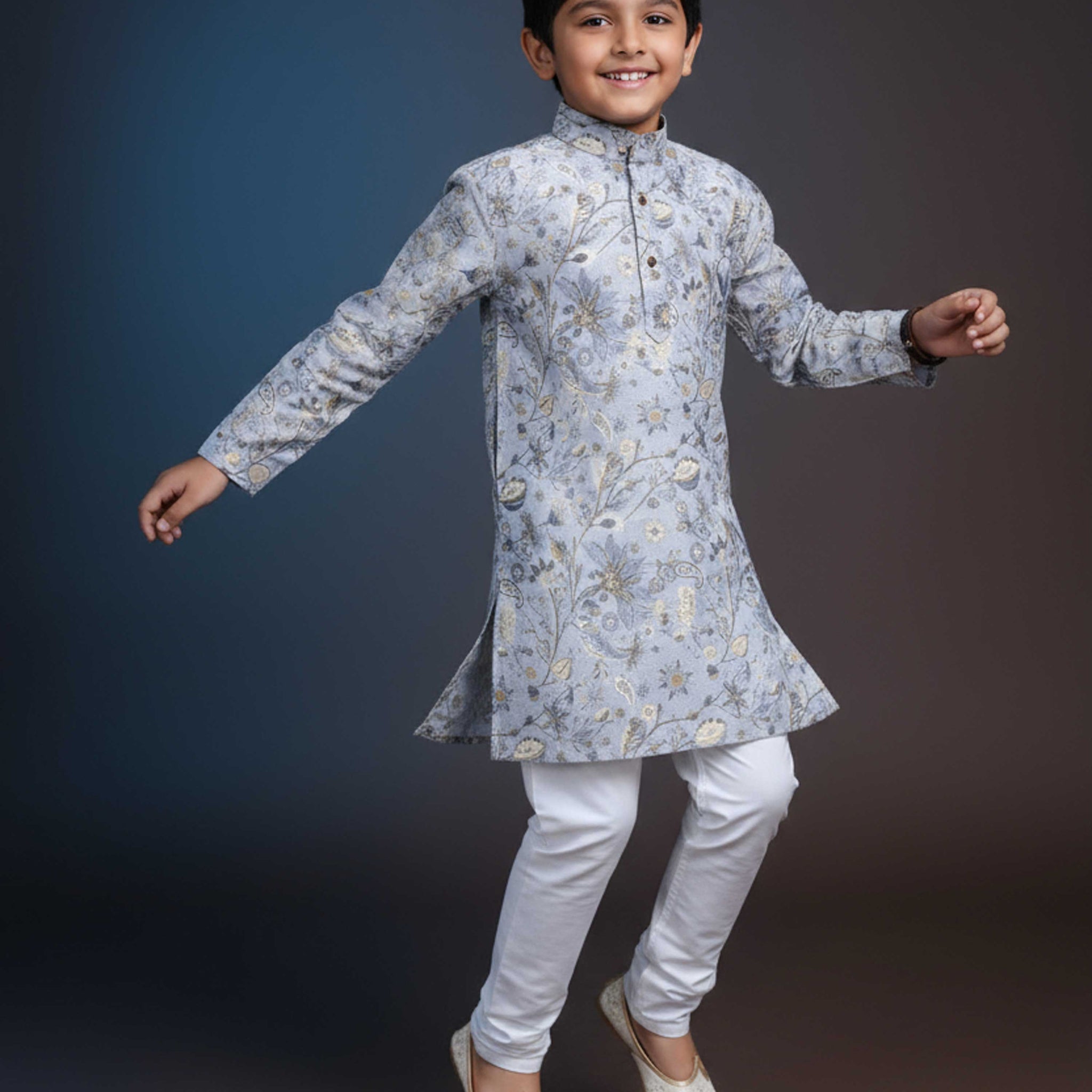 Boys Floral Printed Festive Kurta Set with Mandarin Collar - Grey