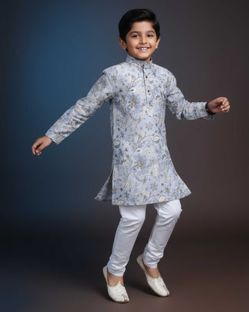 Boys Floral Printed Festive Kurta Set with Mandarin Collar - Grey