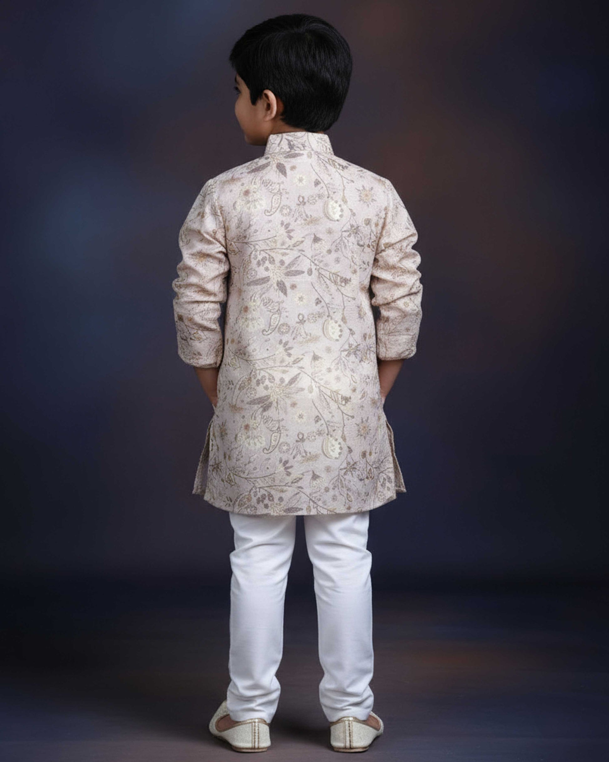 Boys Floral Printed Festive Kurta Set with Mandarin Collar - Sandal