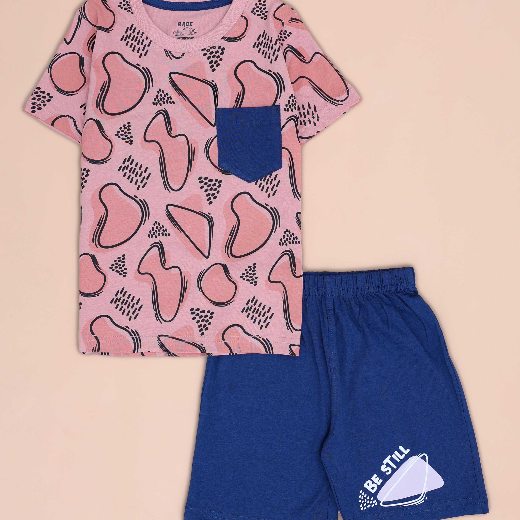 Boys' Printed Casual T-shirt and Shorts Set - Pink & Blue