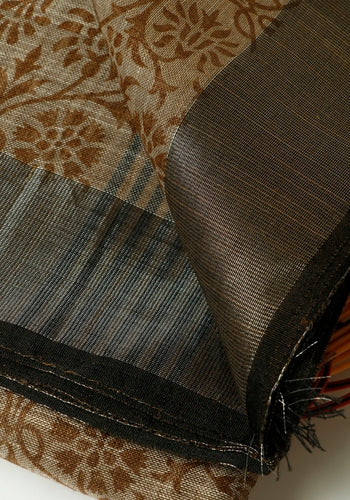 Brown Colour Printed Linen Cotton Sarees