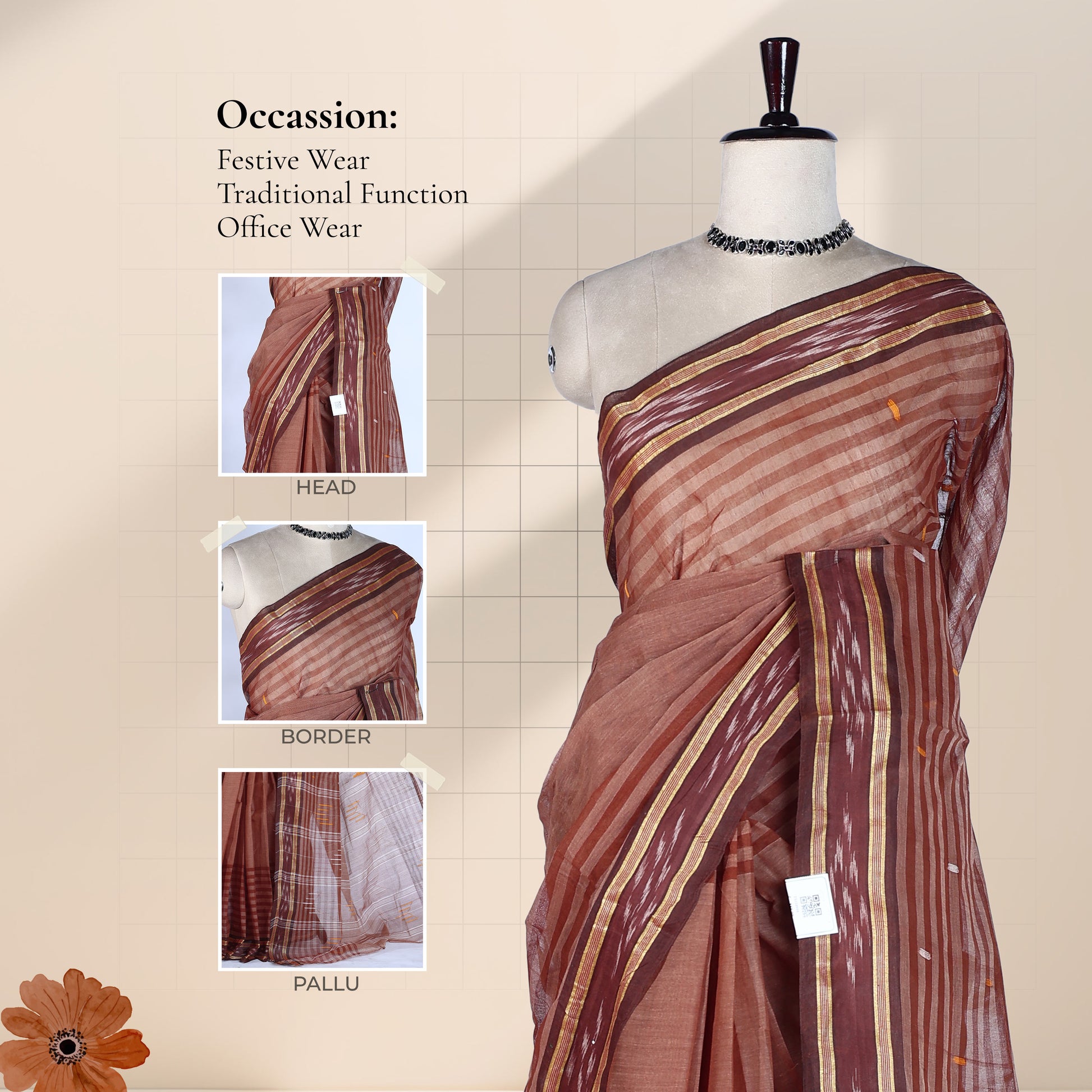 Brown Bengal Cotton Saree Featuring Woven Stripes, Butta Motifs And Contrast Pallu Draped Front View