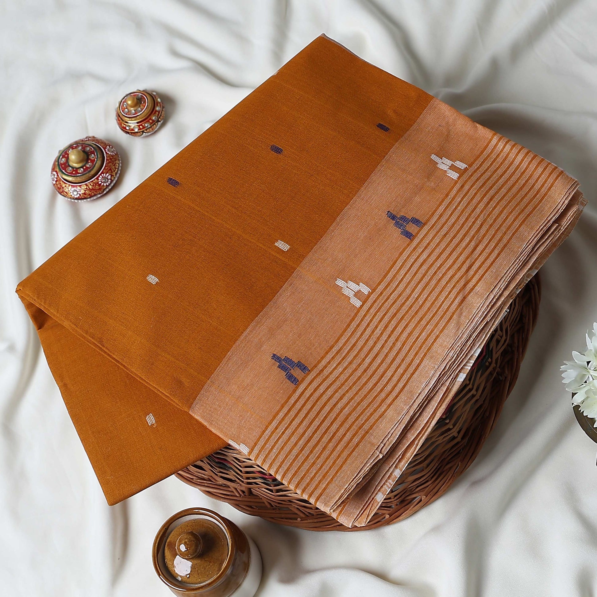 Brown Bengal Cotton Saree With Contrast White Striped Border And Woven Motifs Close Up Draped View