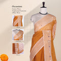 Brown Bengal Cotton Saree With White Striped Border And Woven Motifs Front Drape View On Mannequin