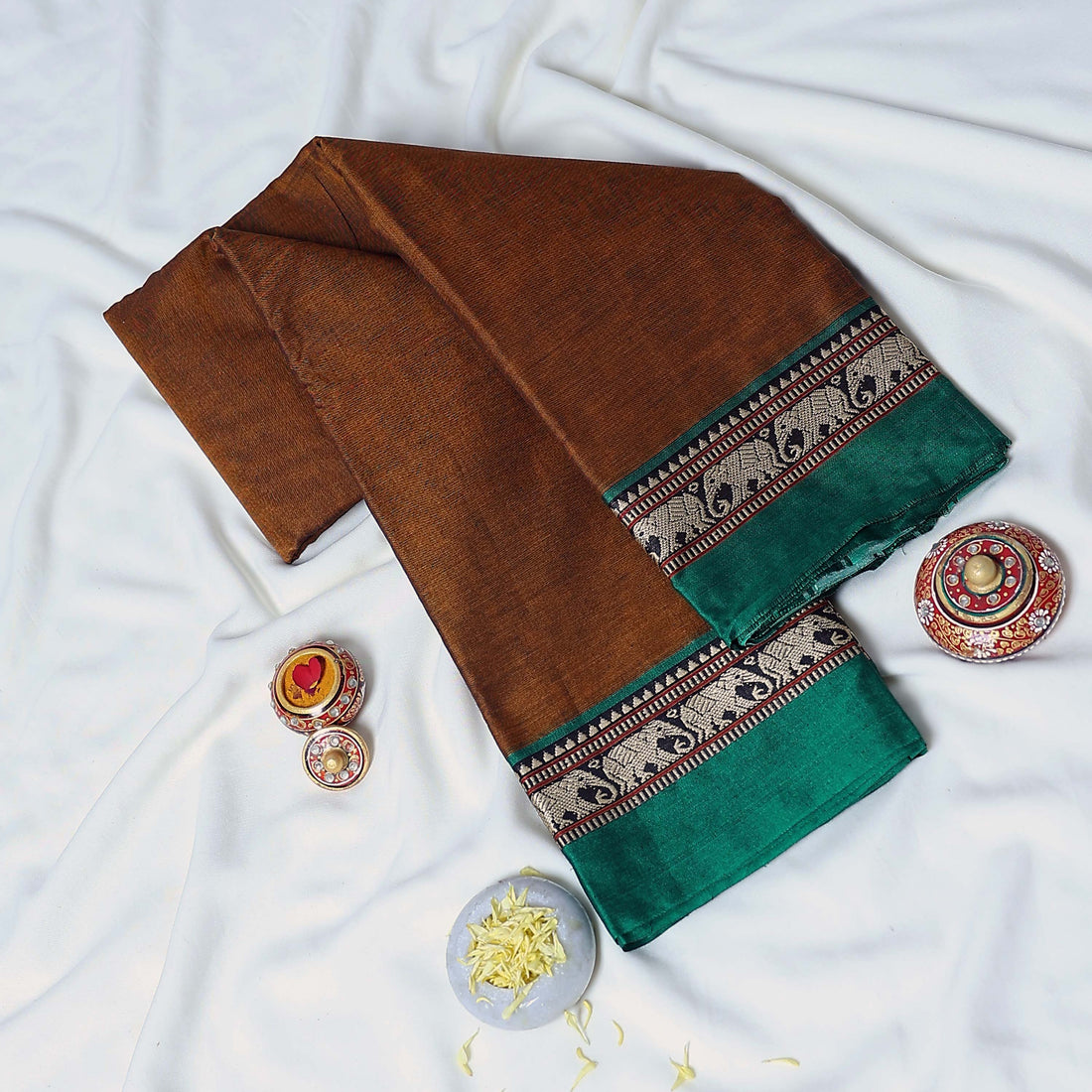 Brown Mangalagiri Cotton Saree with Green Border and Pallu - Full View