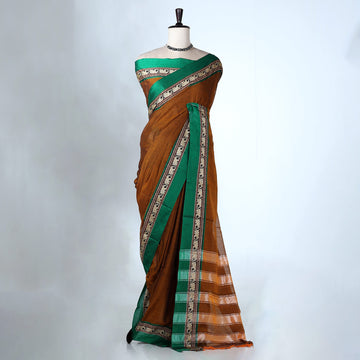 Brown Mangalagiri Cotton Saree with Green Border and Pallu - Full View
