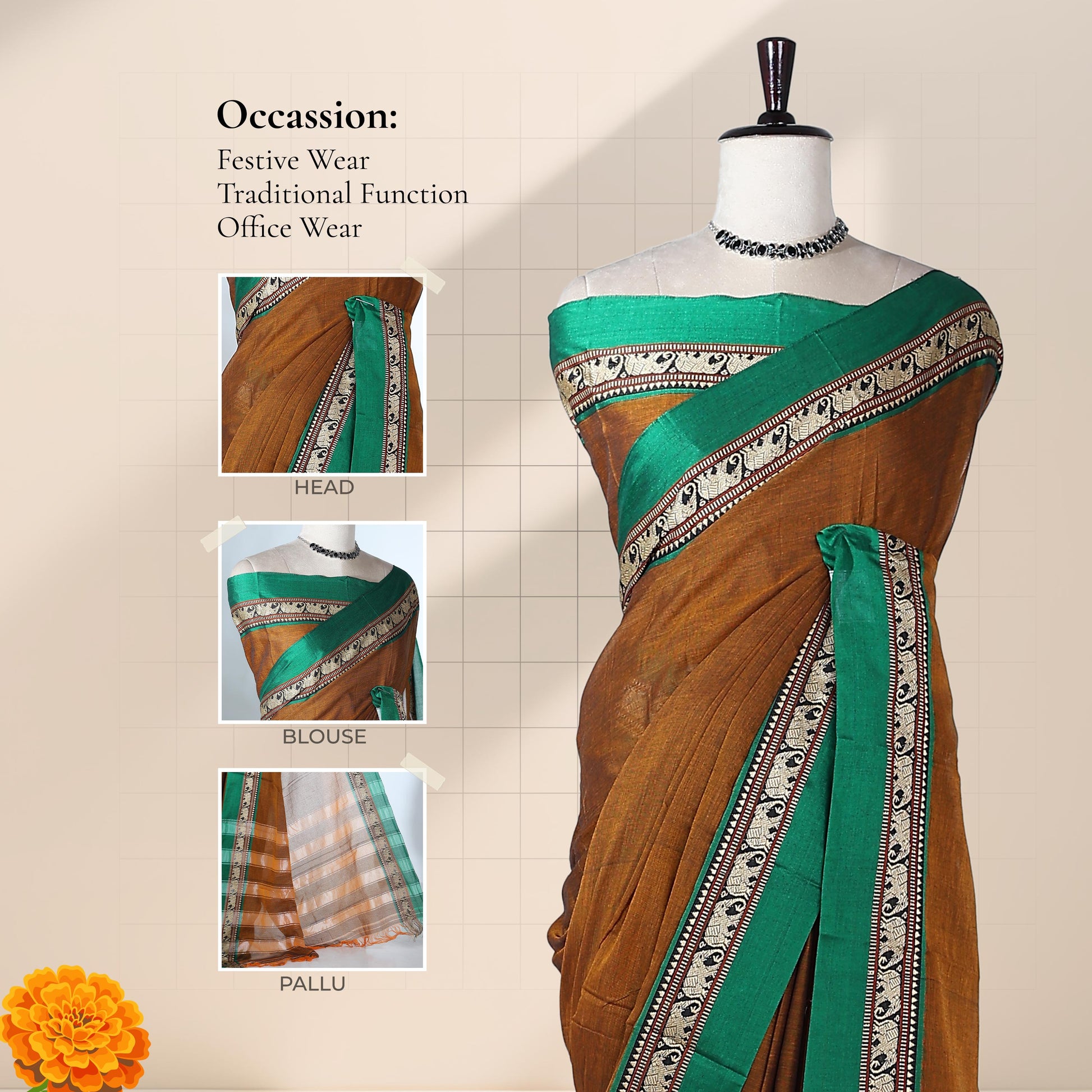 Brown Mangalagiri Cotton Saree with a Green Border Elephant Motif Zari Detailing and Striped Pallu
