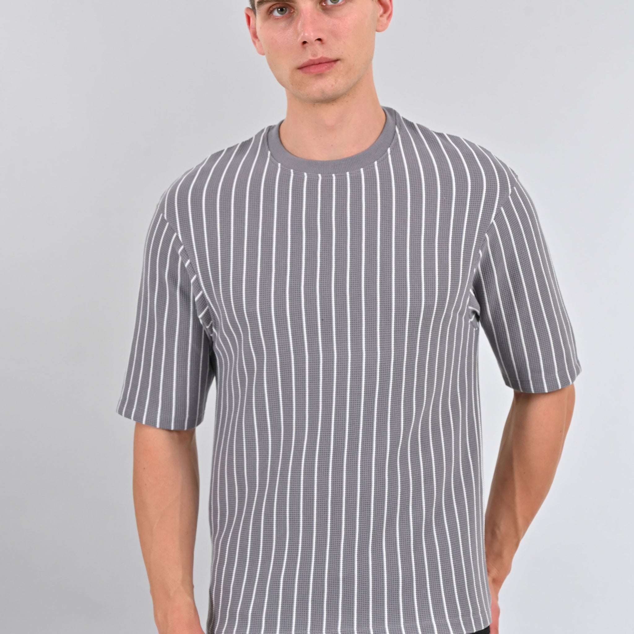 Nativebull Grey Color Stripe Cotton Half Sleeve Round Neck Tshirt