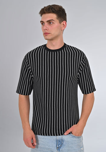 Nativebull Black Color Stripe Cotton Half Sleeve Round Neck Tshirt
