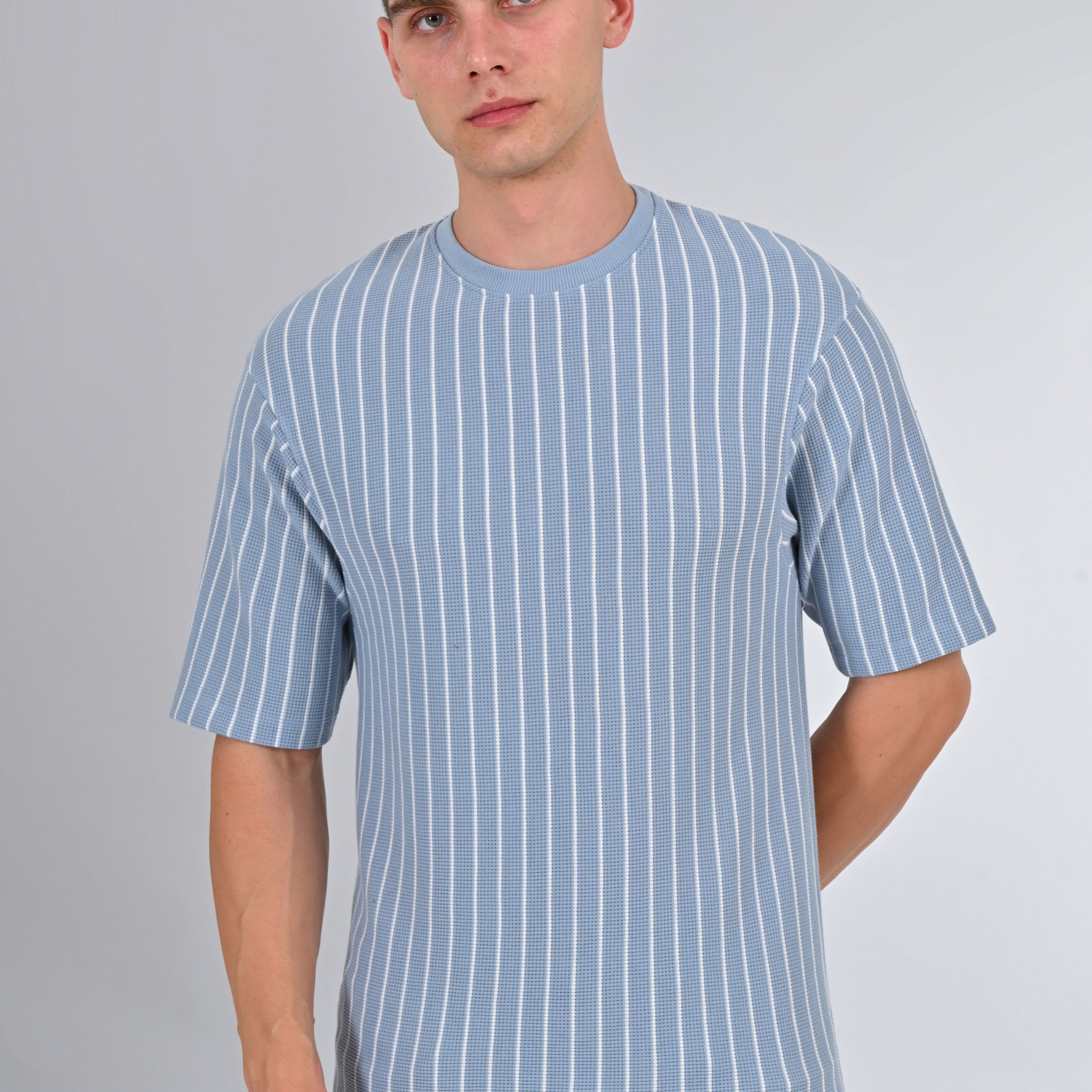 Nativebull Blue Color Stripe Cotton Half Sleeve Round Neck Tshirt