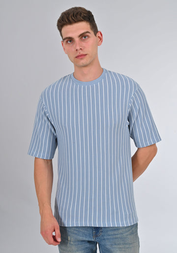 Nativebull Blue Color Stripe Cotton Half Sleeve Round Neck Tshirt