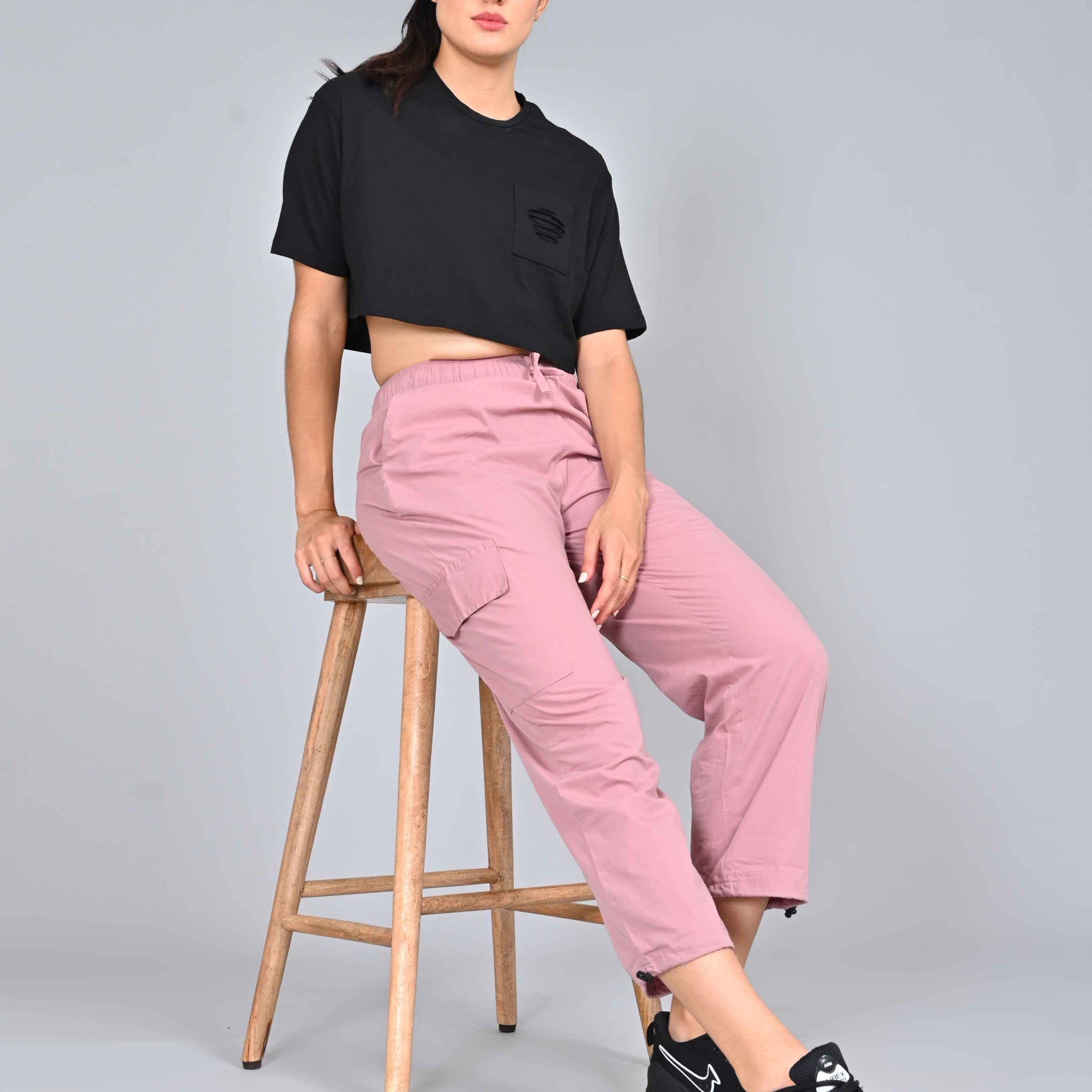Functional Women's Cargo Pants with Elasticated Waist and Side Pockets - Pink