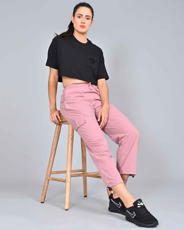 Functional Women's Cargo Pants with Elasticated Waist and Side Pockets - Pink