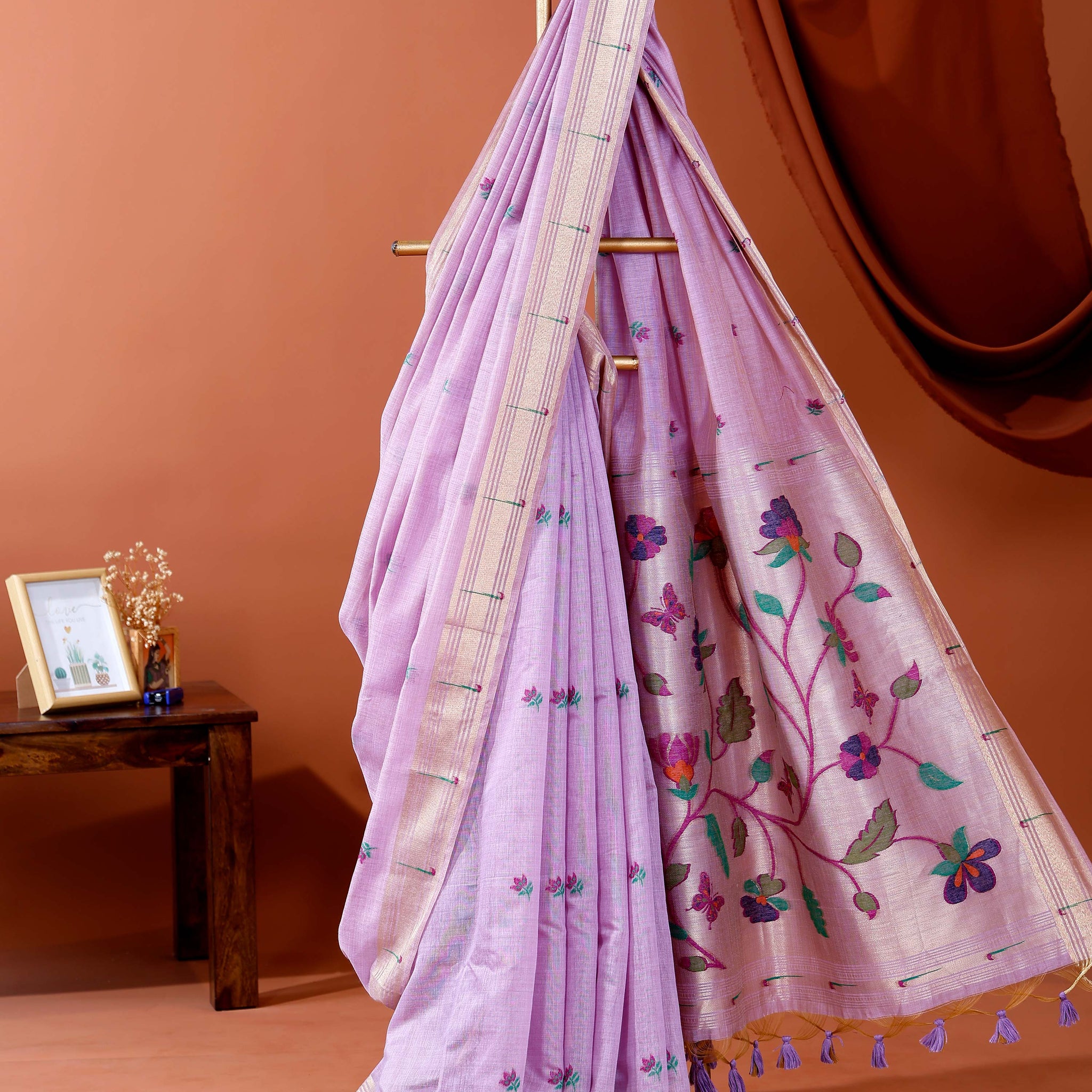Handwoven Paithani Saree with Zari Border and Intricate Floral Embroidery on Pallu - Lavender