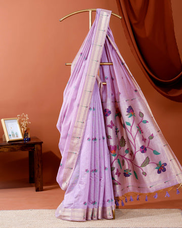 Handwoven Paithani Saree with Zari Border and Intricate Floral Embroidery on Pallu - Lavender