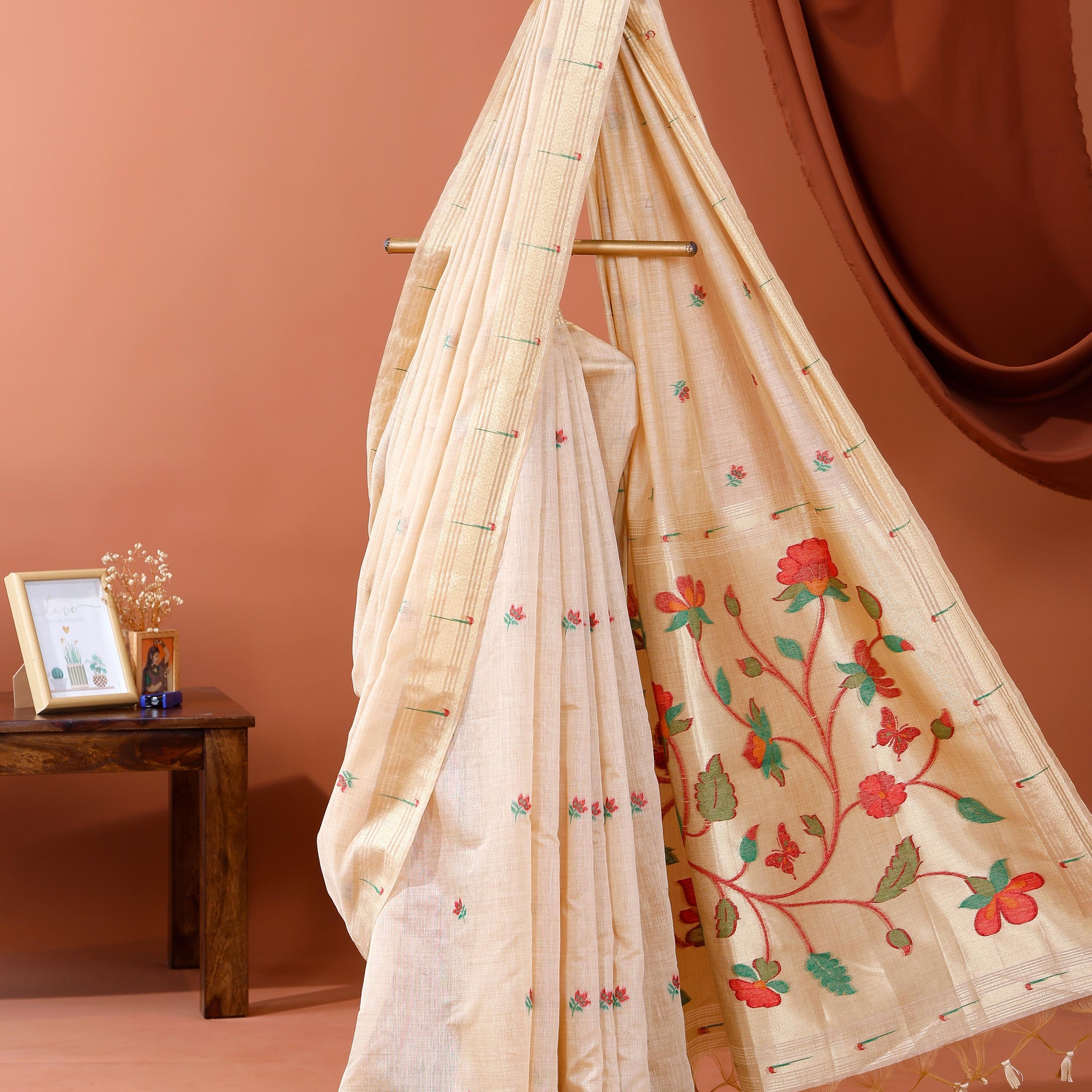 Handwoven Paithani Saree with Zari Border and Intricate Floral Embroidery on Pallu - Sandal